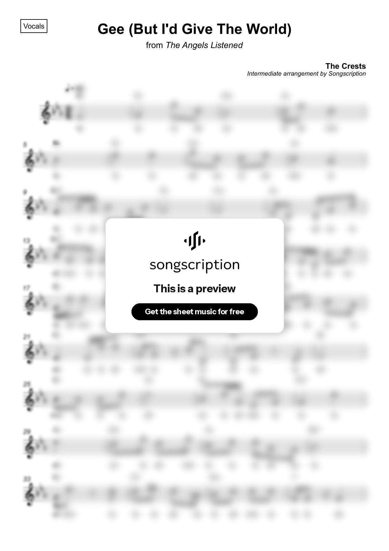 Intermediate Vocals Sheet Music for "Gee (But I'd Give The World)" by The Crests