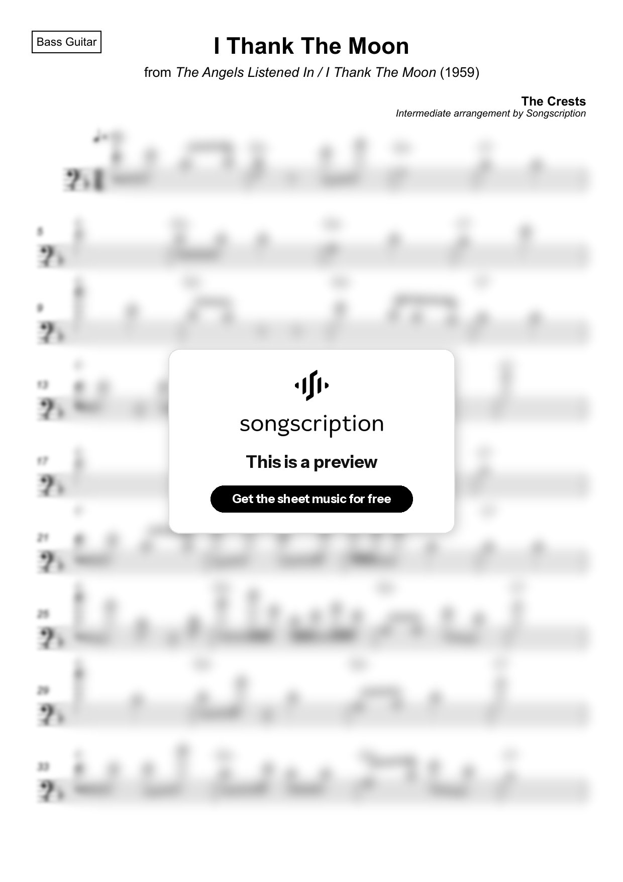 Intermediate Bass Guitar Sheet Music for "I Thank The Moon" by The Crests