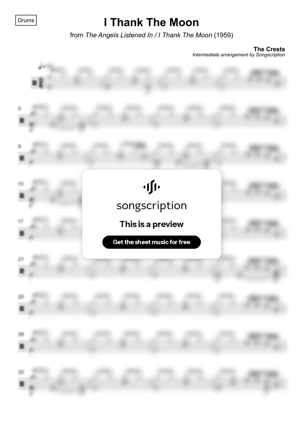 Intermediate Drums Sheet Music for "I Thank The Moon" by The Crests