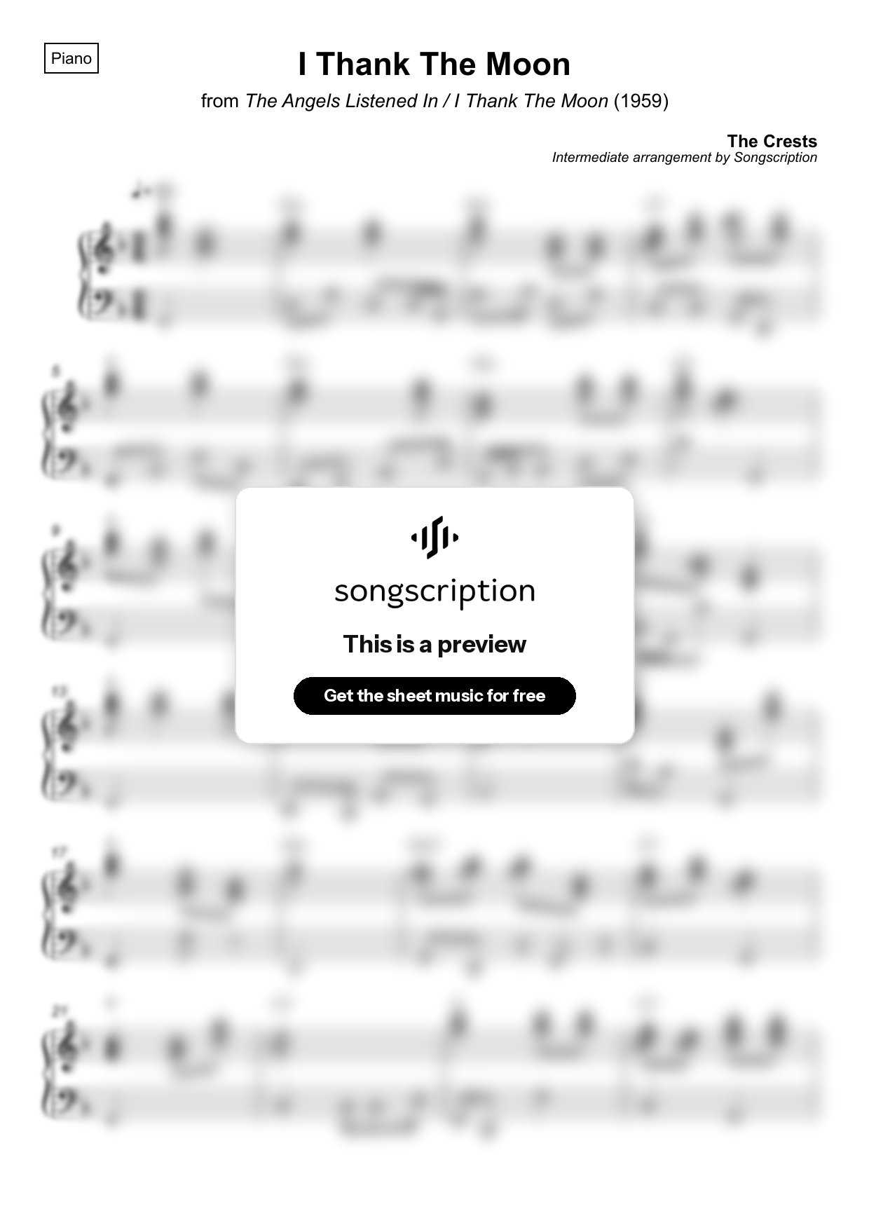 Intermediate Piano Sheet Music for "I Thank The Moon" by The Crests