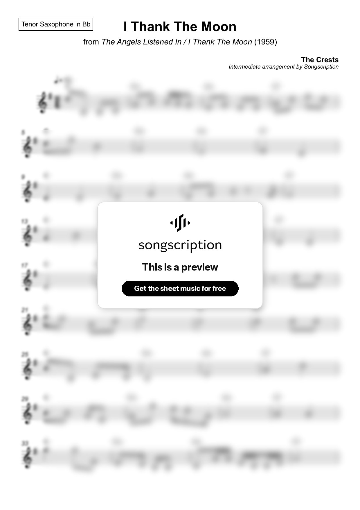 Intermediate Tenor Sax Sheet Music for "I Thank The Moon" by The Crests