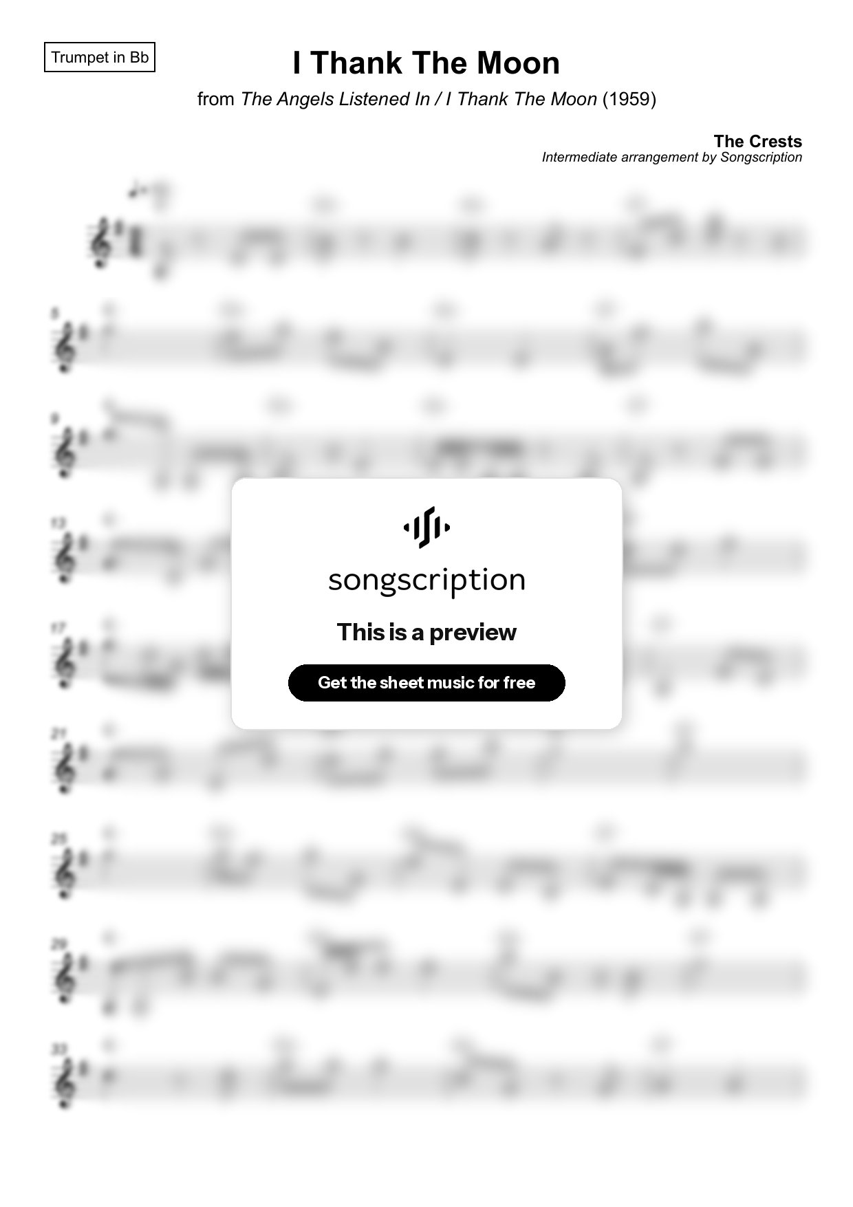 Intermediate Trumpet Sheet Music for "I Thank The Moon" by The Crests