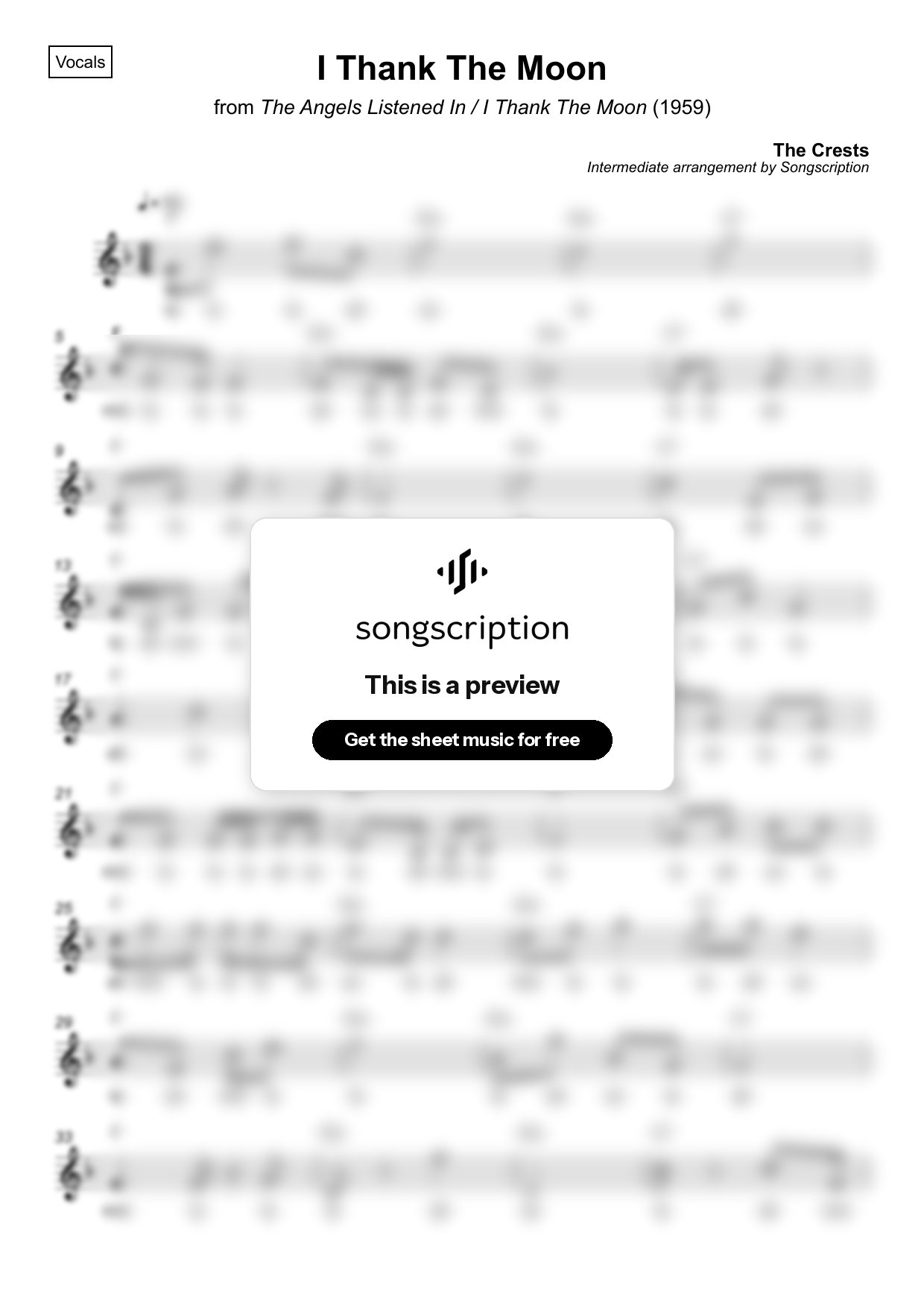 Intermediate Vocals Sheet Music for "I Thank The Moon" by The Crests