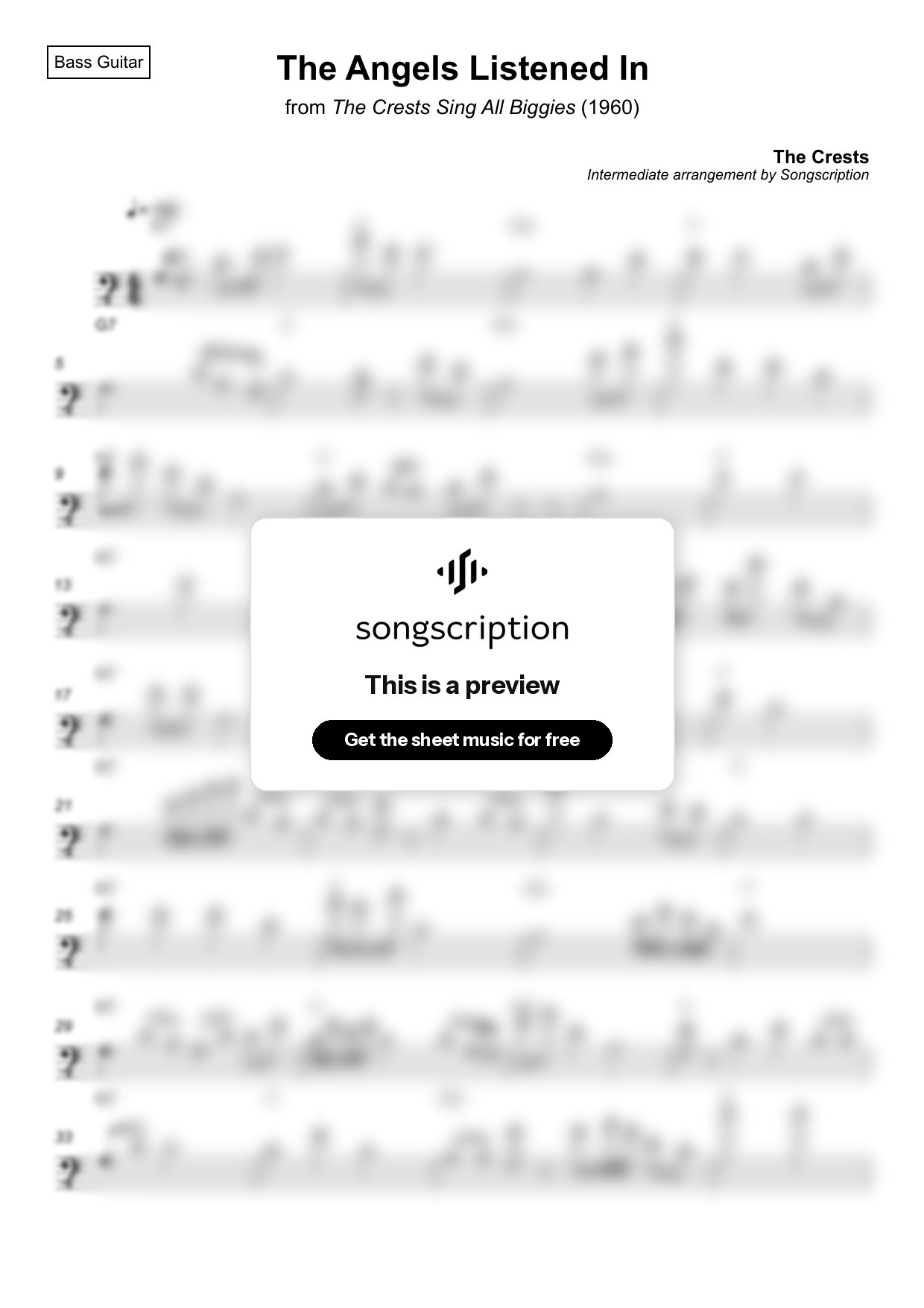 Intermediate Bass Guitar Sheet Music for "The Angels Listened In" by The Crests