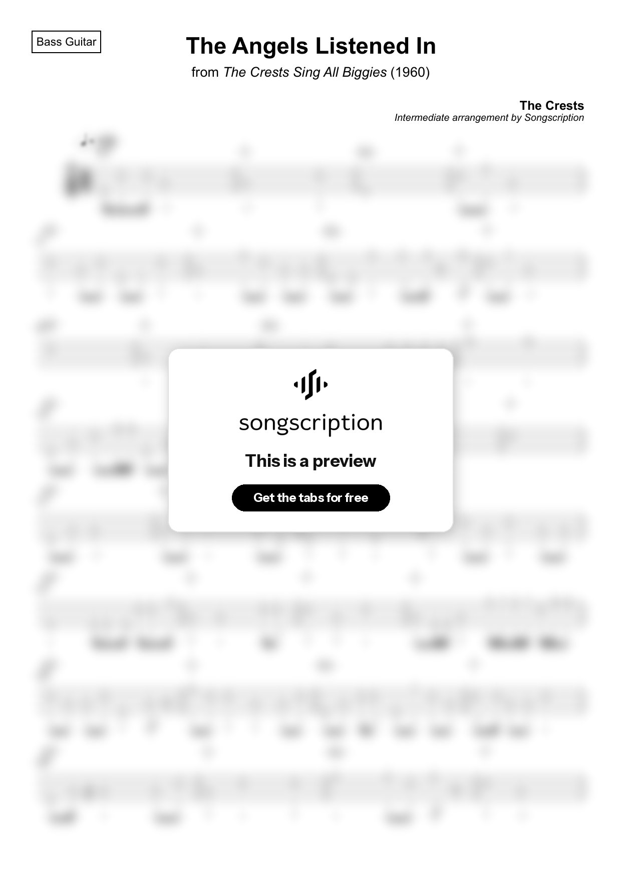 Intermediate Bass Guitar Tabs for "The Angels Listened In" by The Crests