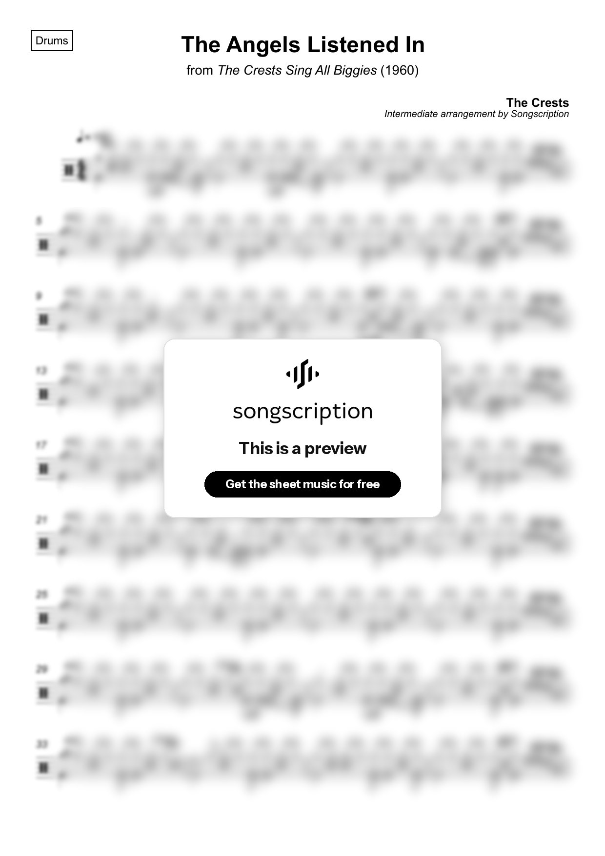 Intermediate Drums Sheet Music for "The Angels Listened In" by The Crests