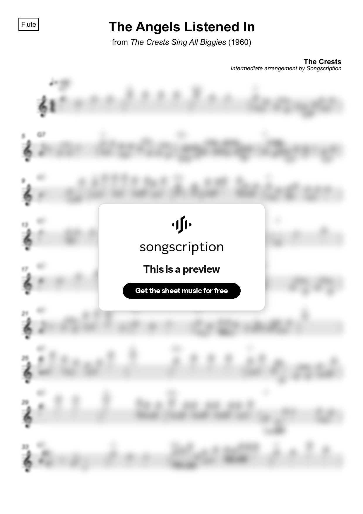 Intermediate Flute Sheet Music for "The Angels Listened In" by The Crests