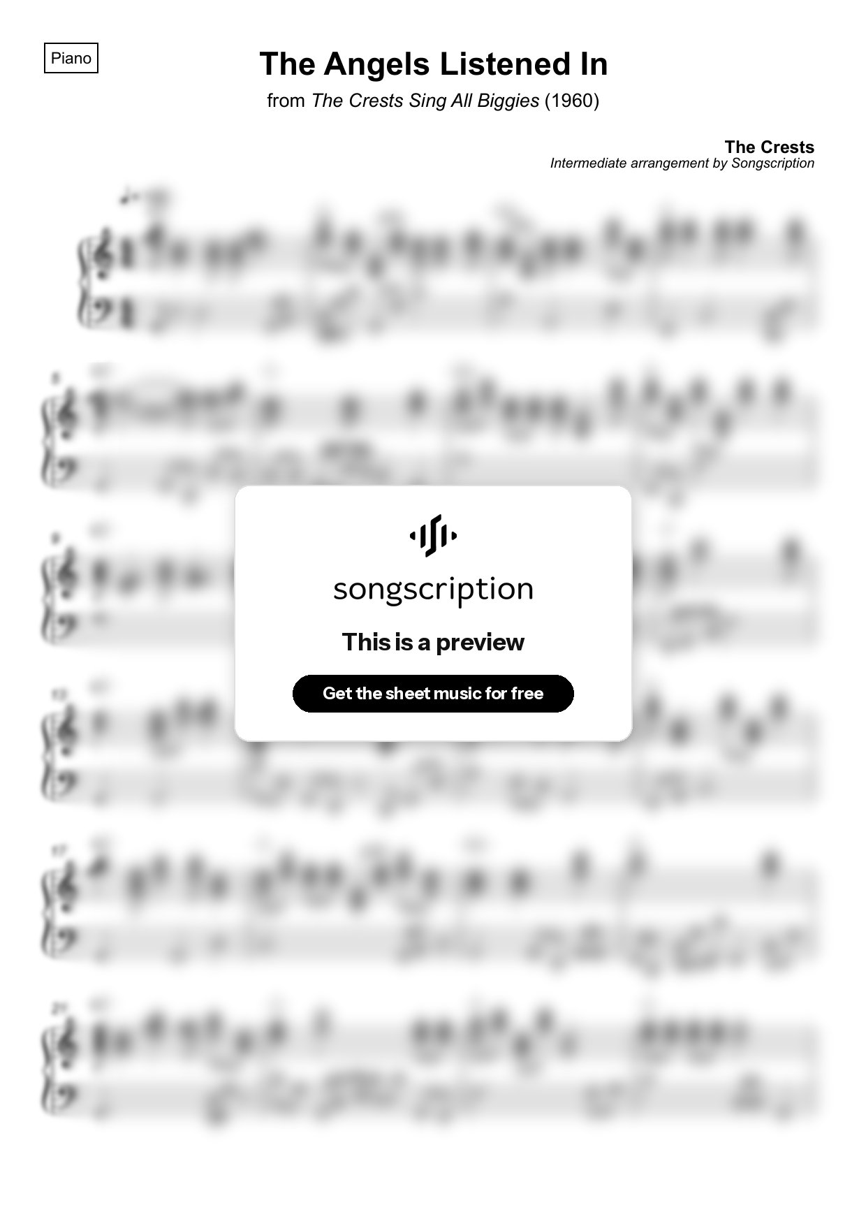 Intermediate Piano Sheet Music for "The Angels Listened In" by The Crests