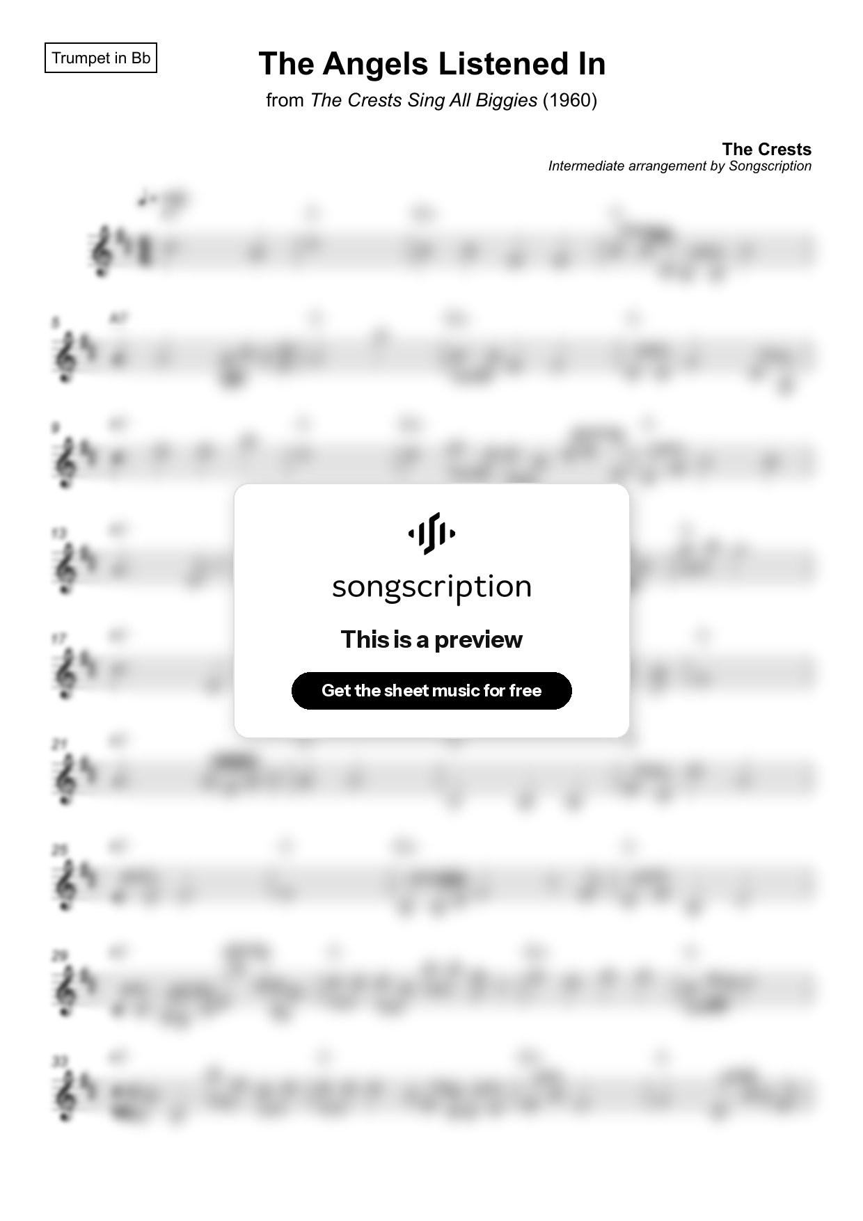 Intermediate Trumpet Sheet Music for "The Angels Listened In" by The Crests