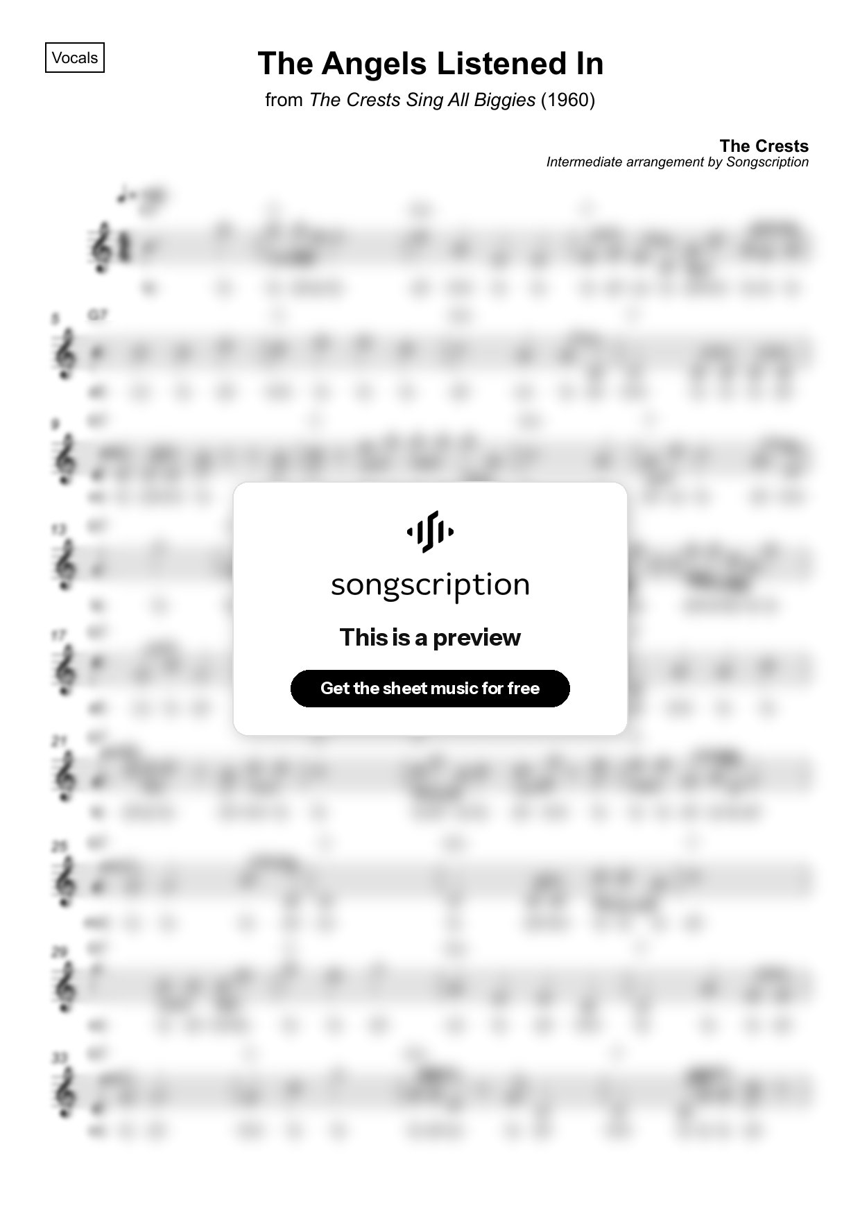 Intermediate Vocals Sheet Music for "The Angels Listened In" by The Crests
