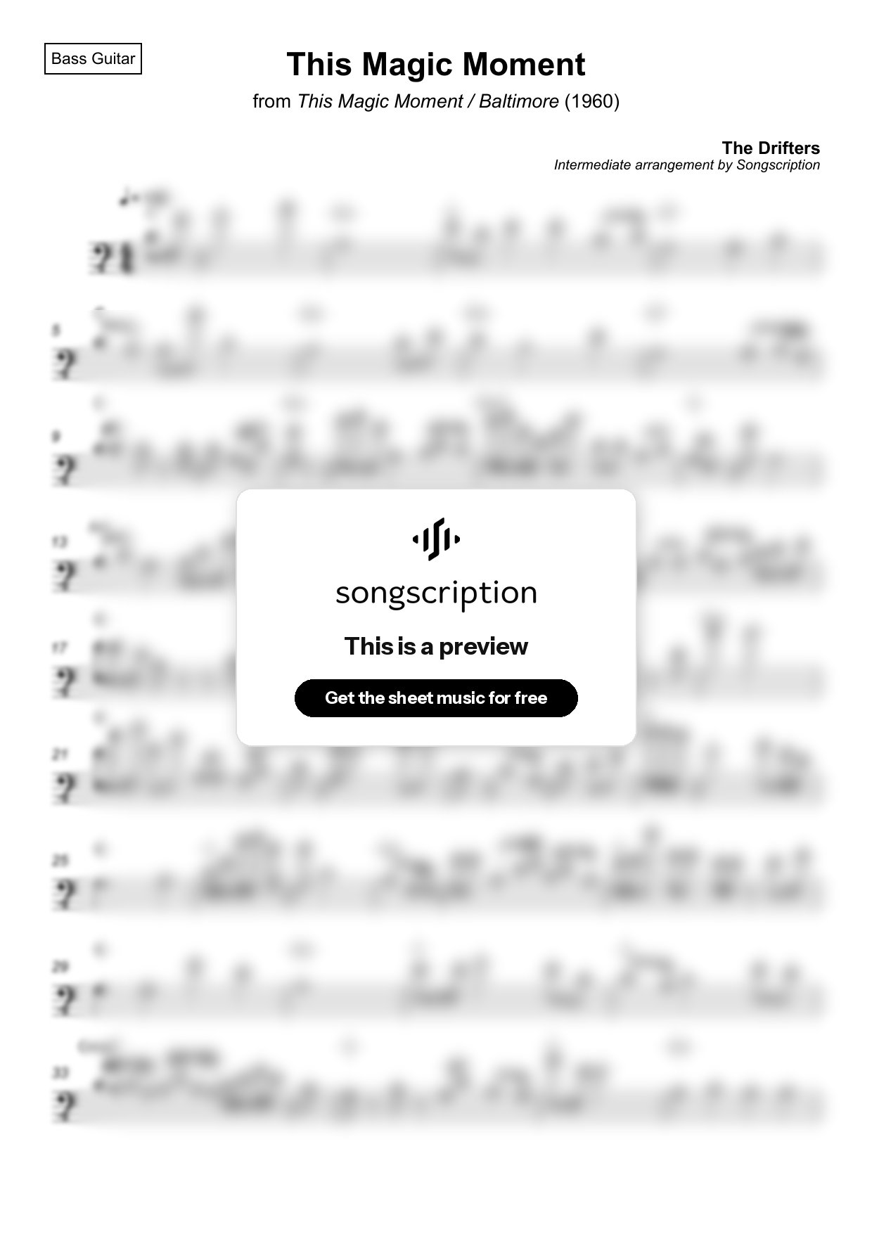Intermediate Bass Guitar Sheet Music for "This Magic Moment" by The Drifters