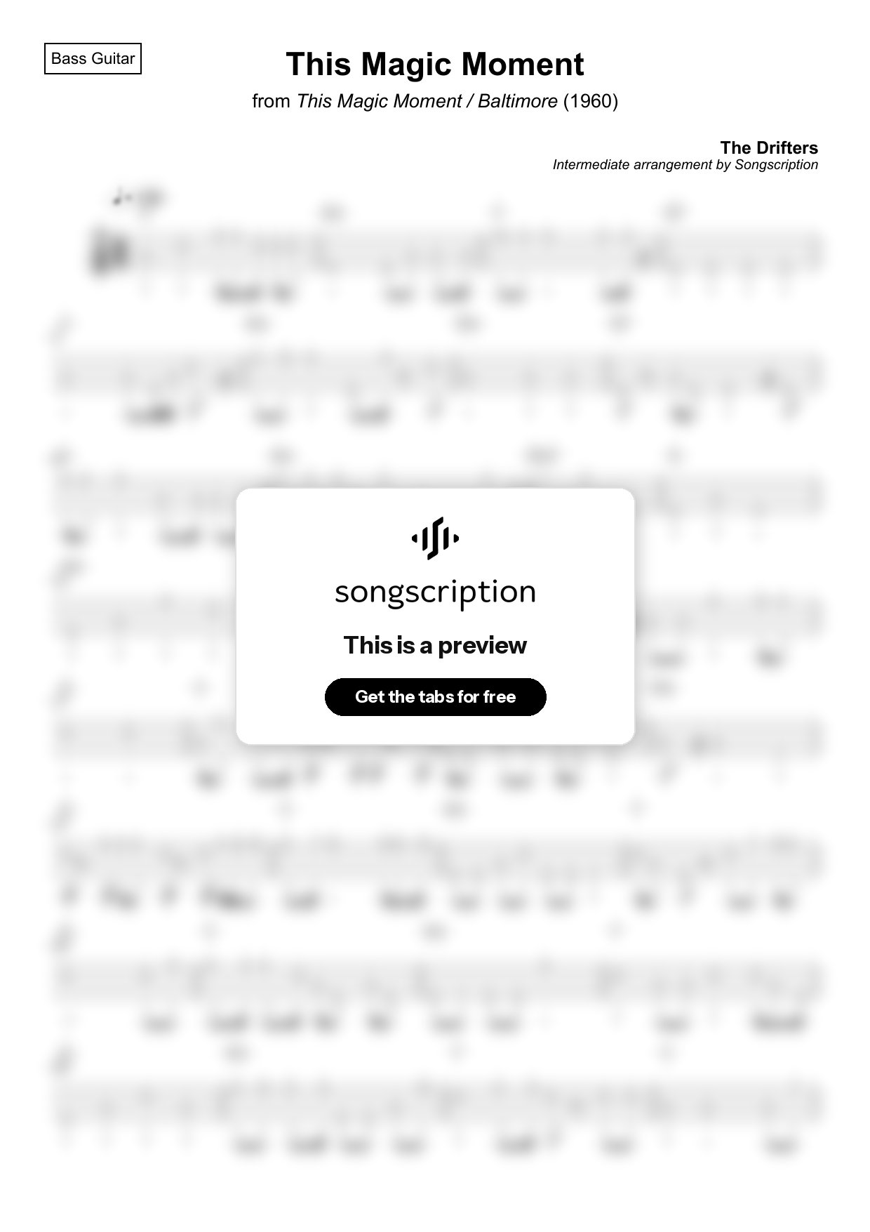 Intermediate Bass Guitar Tabs for "This Magic Moment" by The Drifters
