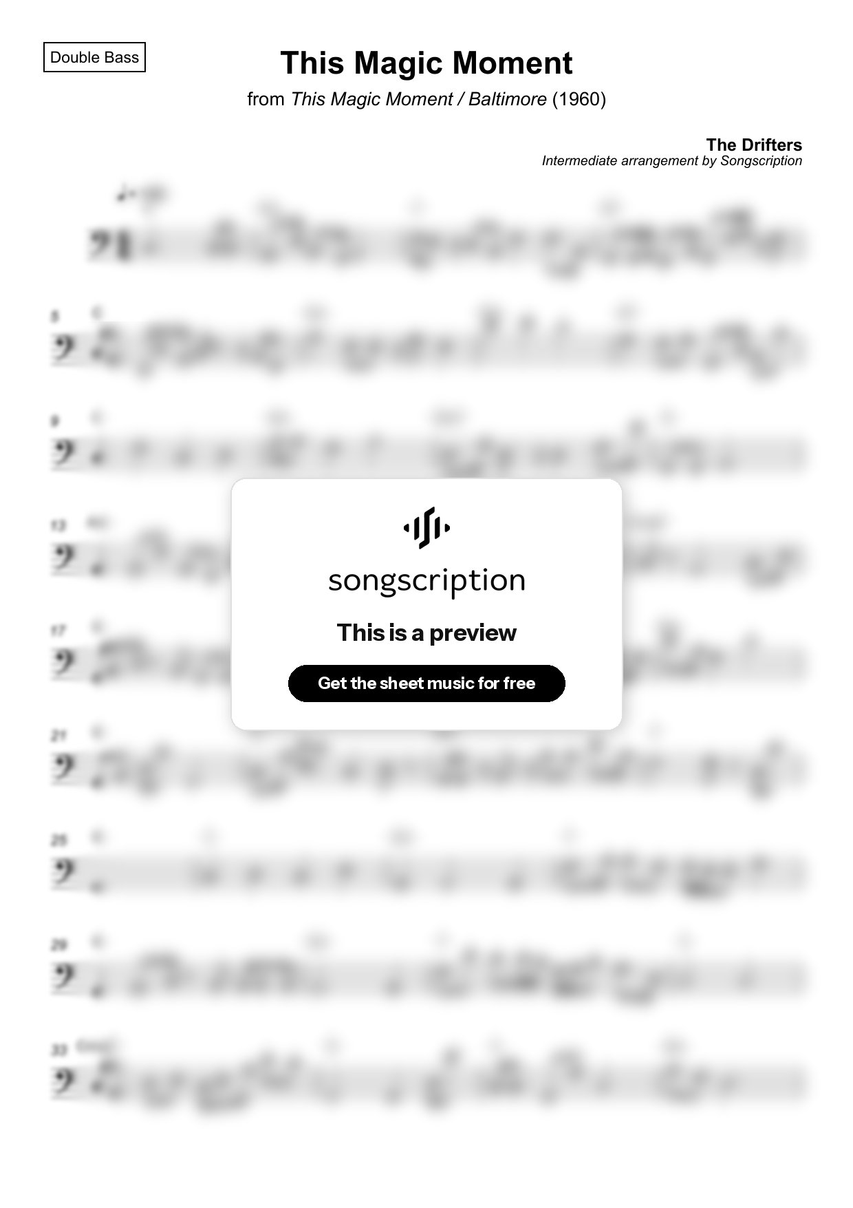 Intermediate Double Bass Sheet Music for "This Magic Moment" by The Drifters