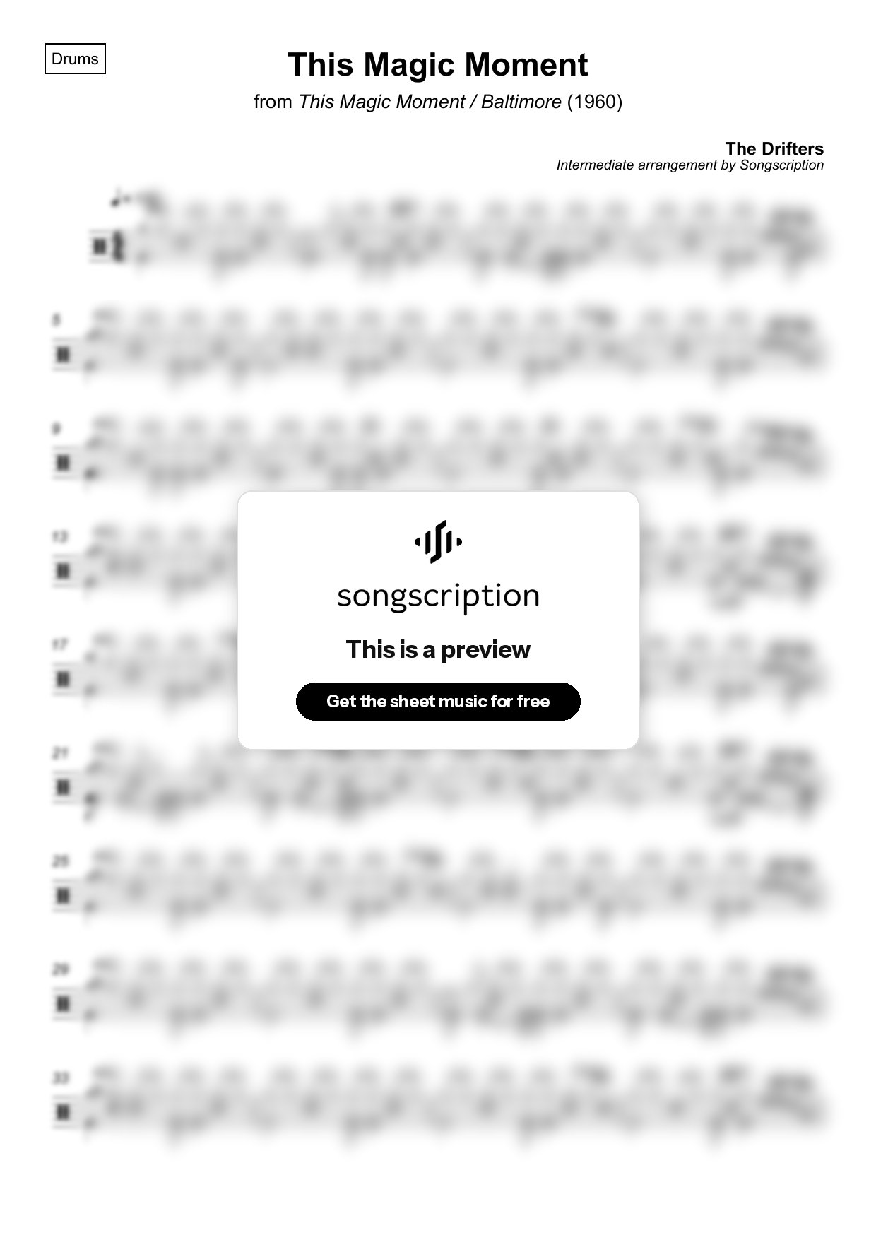 Intermediate Drums Sheet Music for "This Magic Moment" by The Drifters