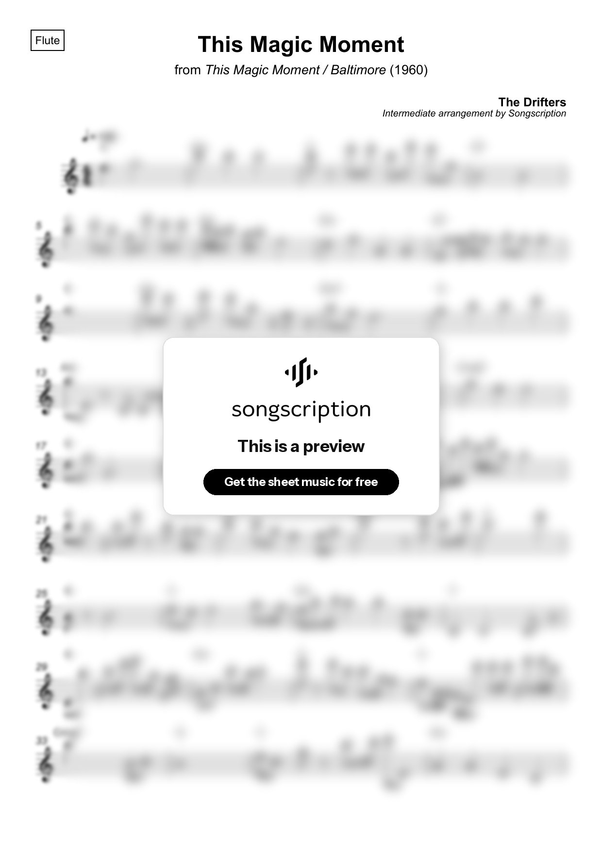 Intermediate Flute Sheet Music for "This Magic Moment" by The Drifters