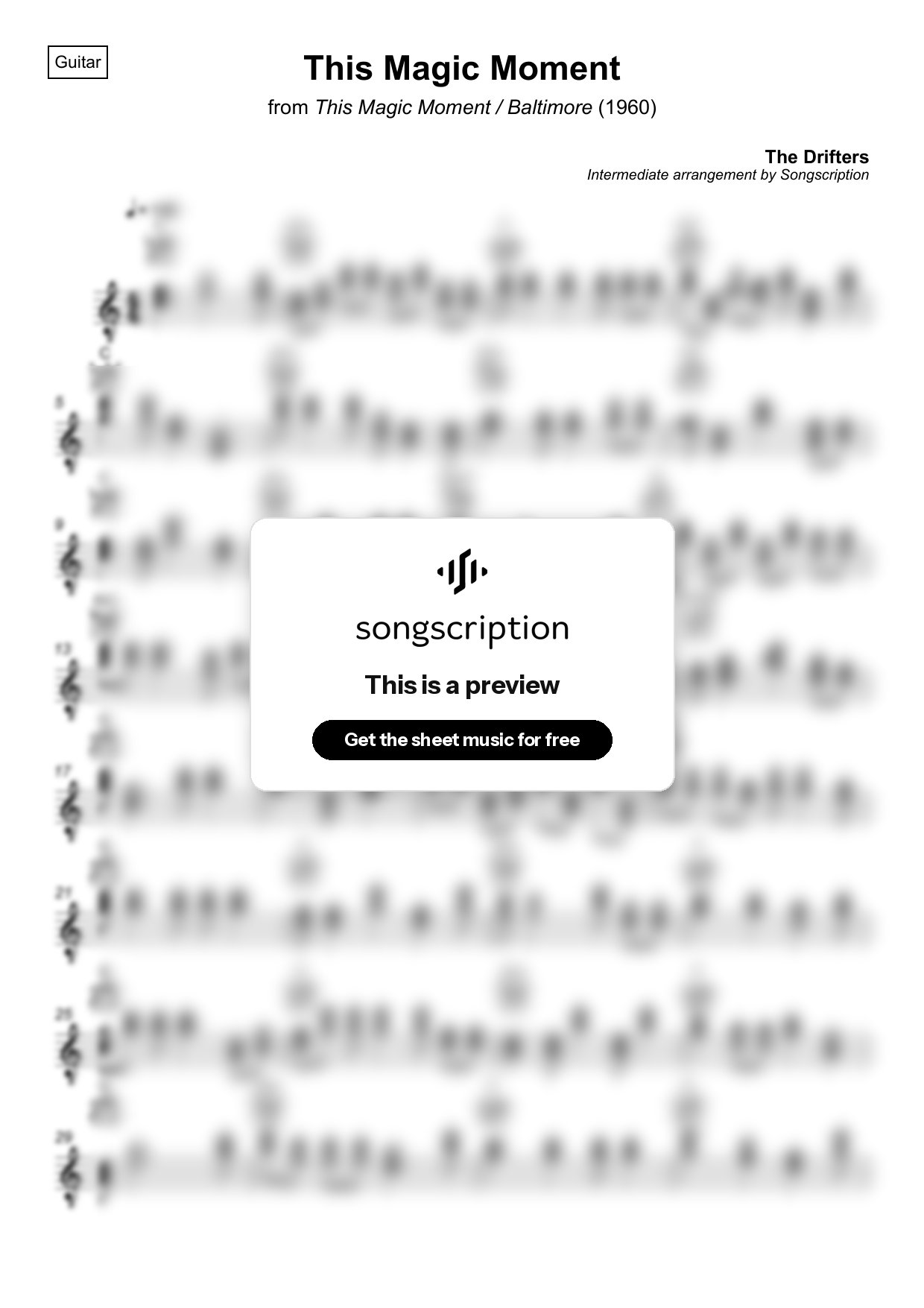 Intermediate Acoustic Guitar Sheet Music for "This Magic Moment" by The Drifters