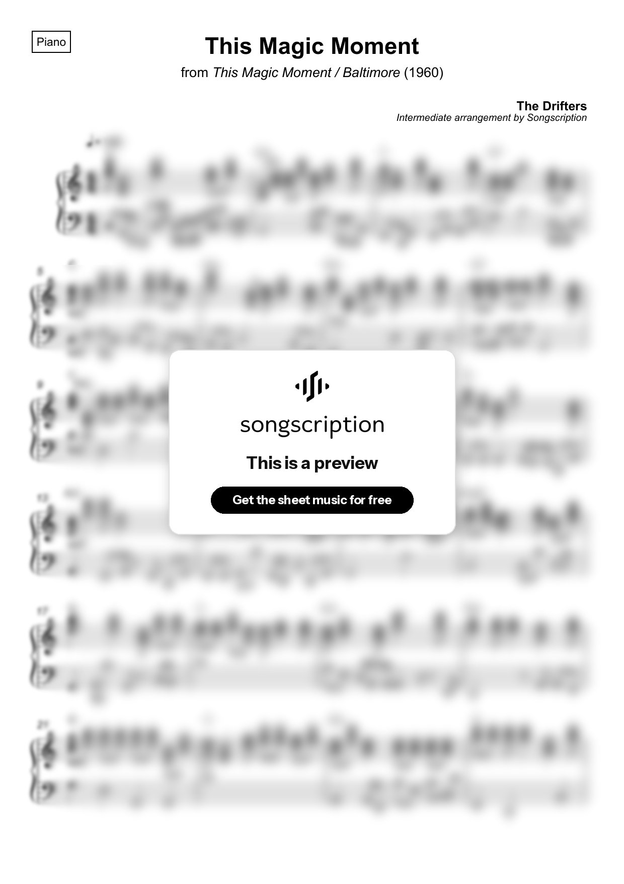 Intermediate Piano Sheet Music for "This Magic Moment" by The Drifters