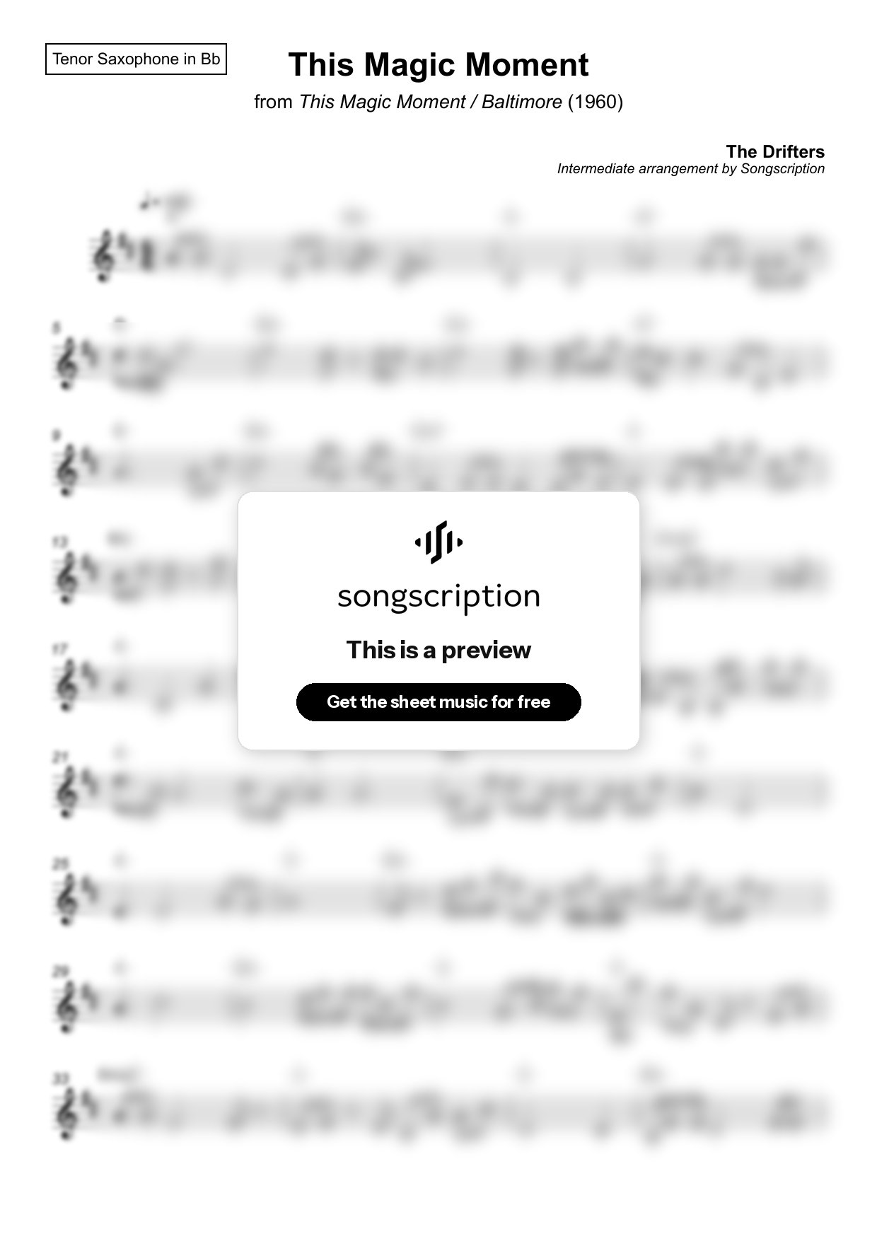 Intermediate Tenor Sax Sheet Music for "This Magic Moment" by The Drifters