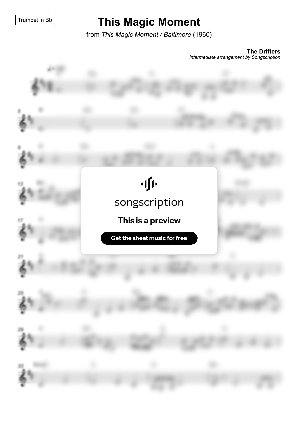 Intermediate Trumpet Sheet Music for "This Magic Moment" by The Drifters
