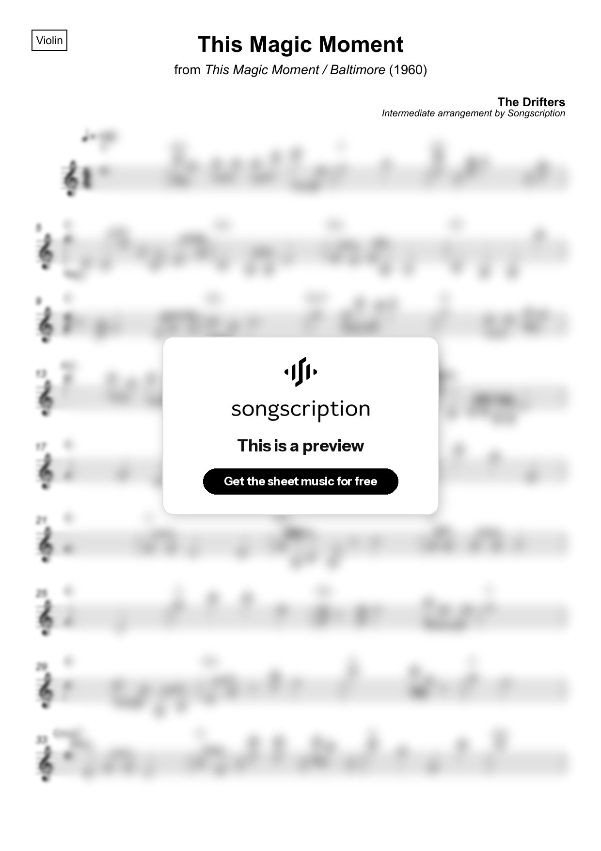Intermediate Violin Sheet Music for "This Magic Moment" by The Drifters