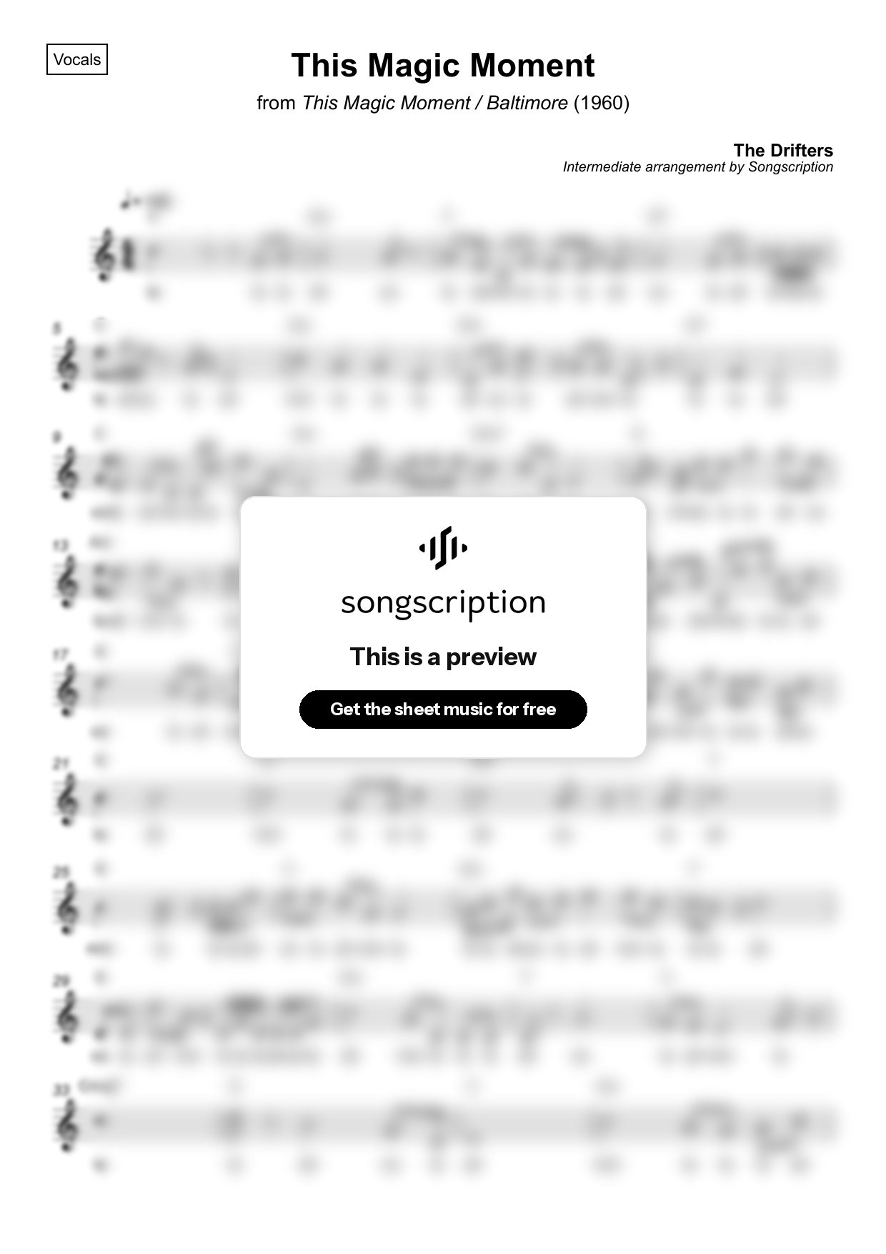 Intermediate Vocals Sheet Music for "This Magic Moment" by The Drifters