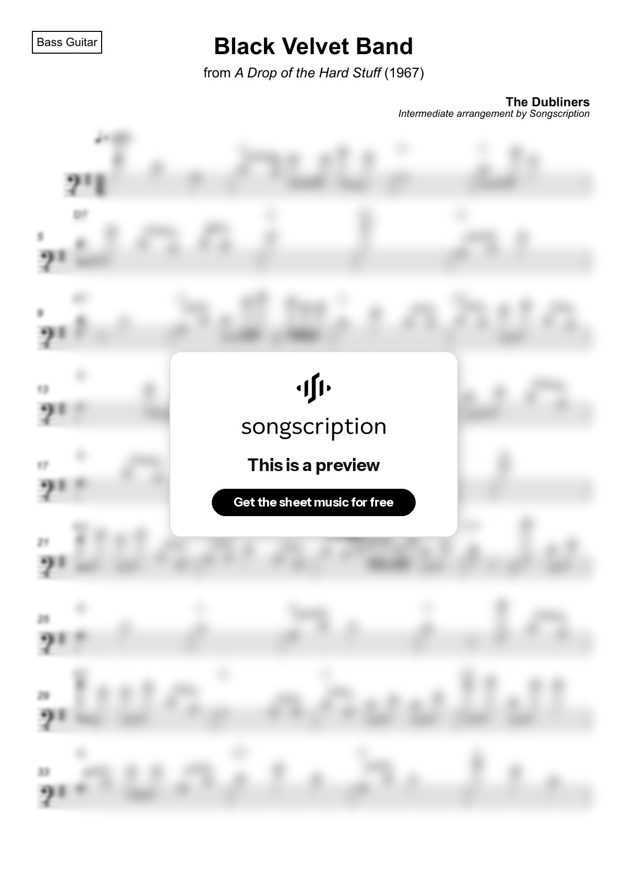 Intermediate Bass Guitar Sheet Music for "Black Velvet Band" by The Dubliners