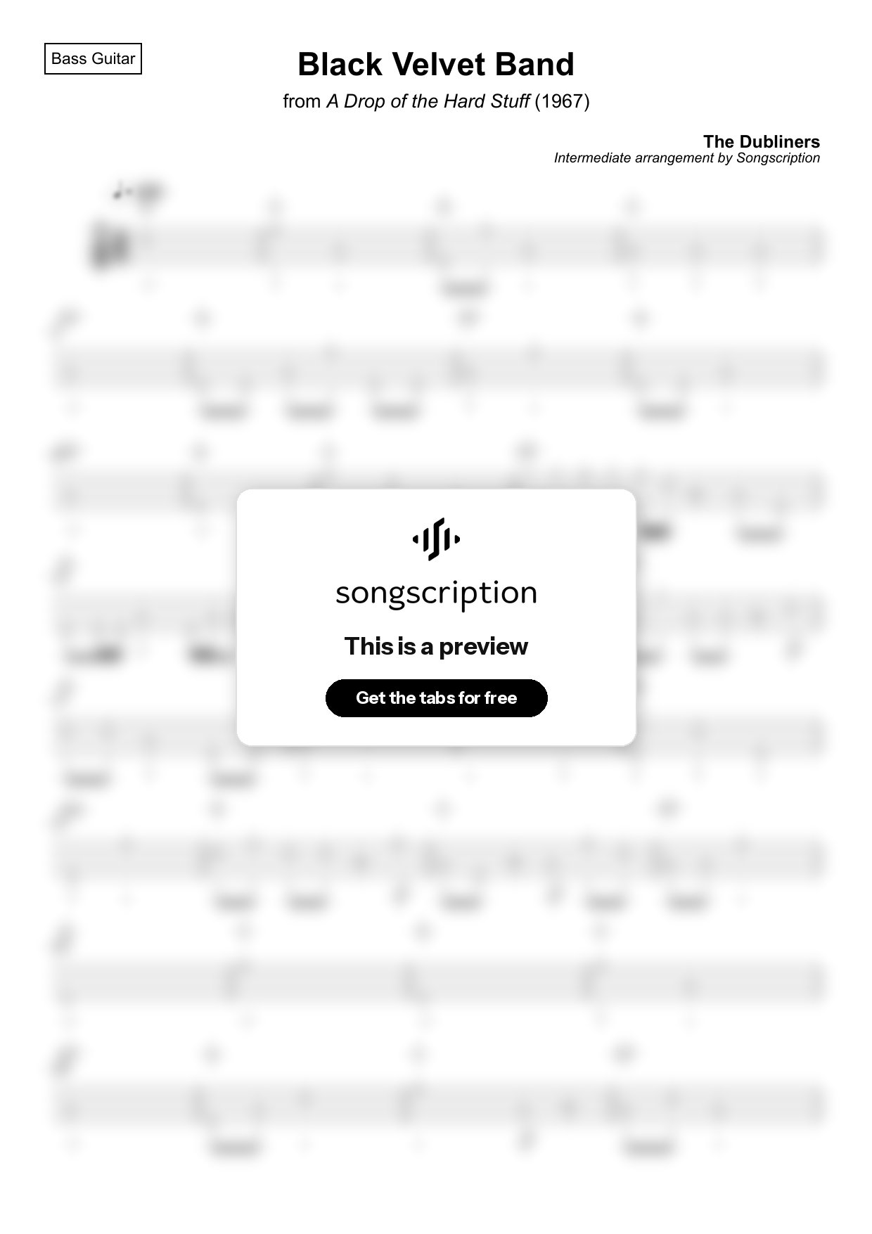 Intermediate Bass Guitar Tabs for "Black Velvet Band" by The Dubliners