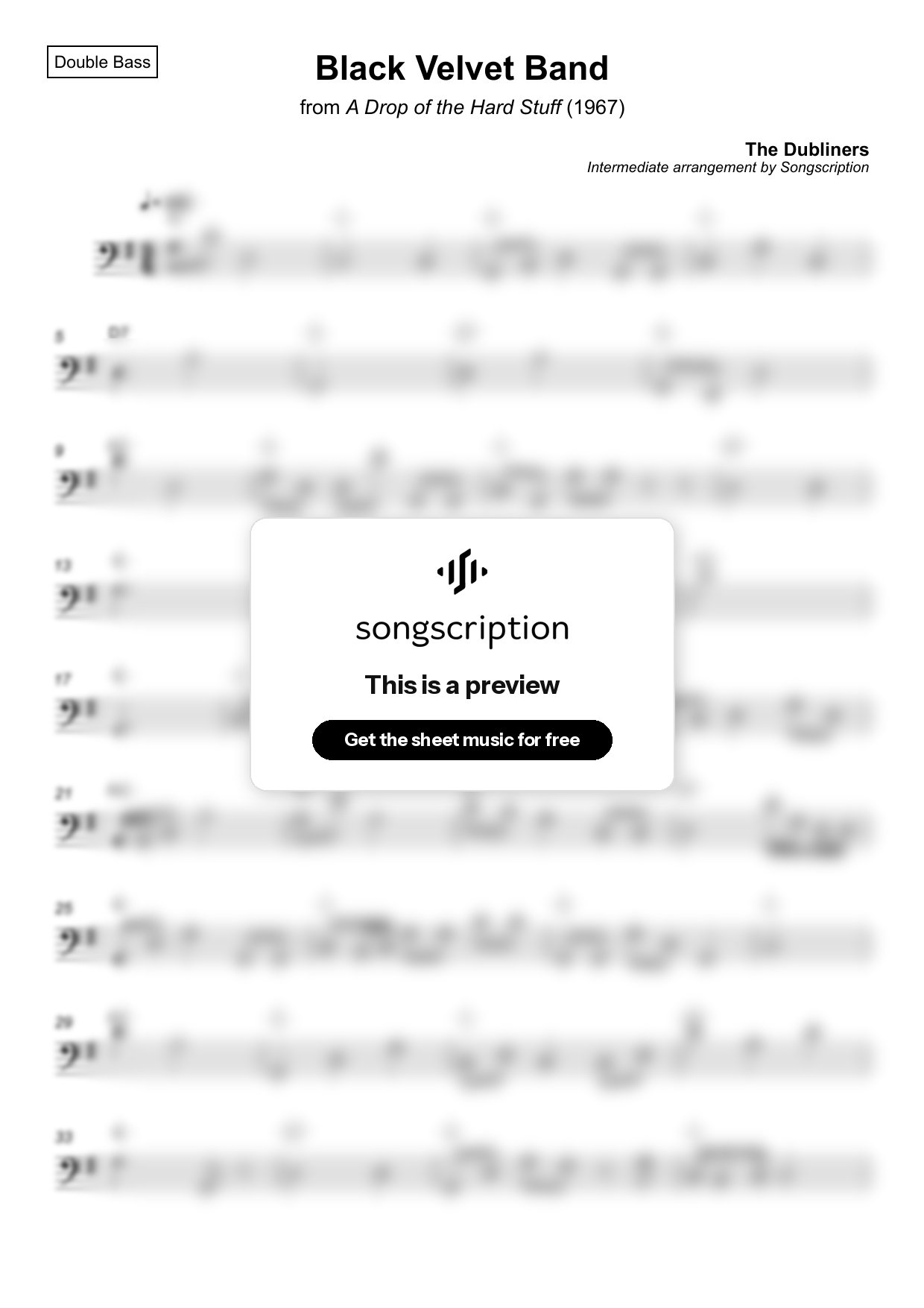 Intermediate Double Bass Sheet Music for "Black Velvet Band" by The Dubliners