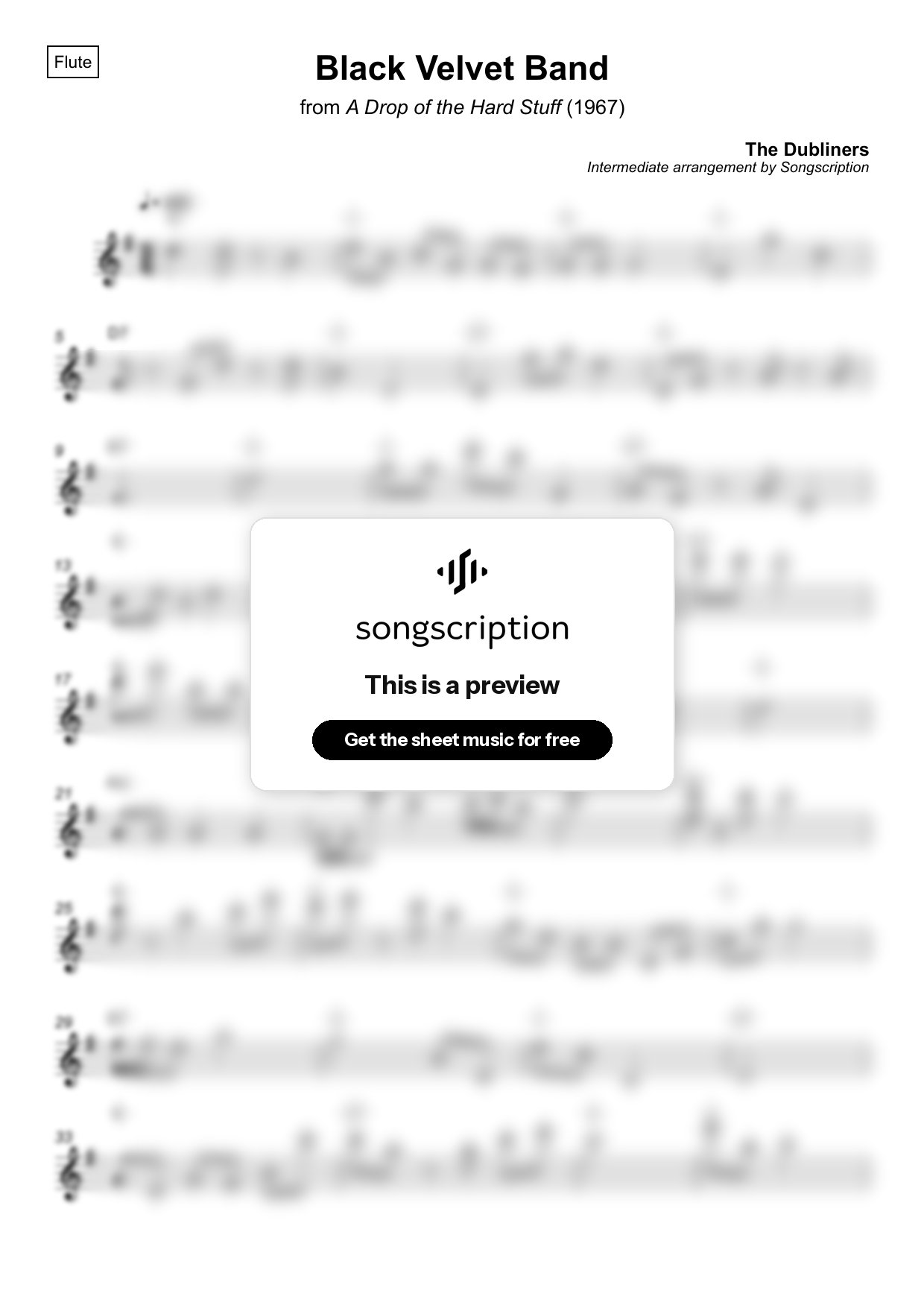 Intermediate Flute Sheet Music for "Black Velvet Band" by The Dubliners