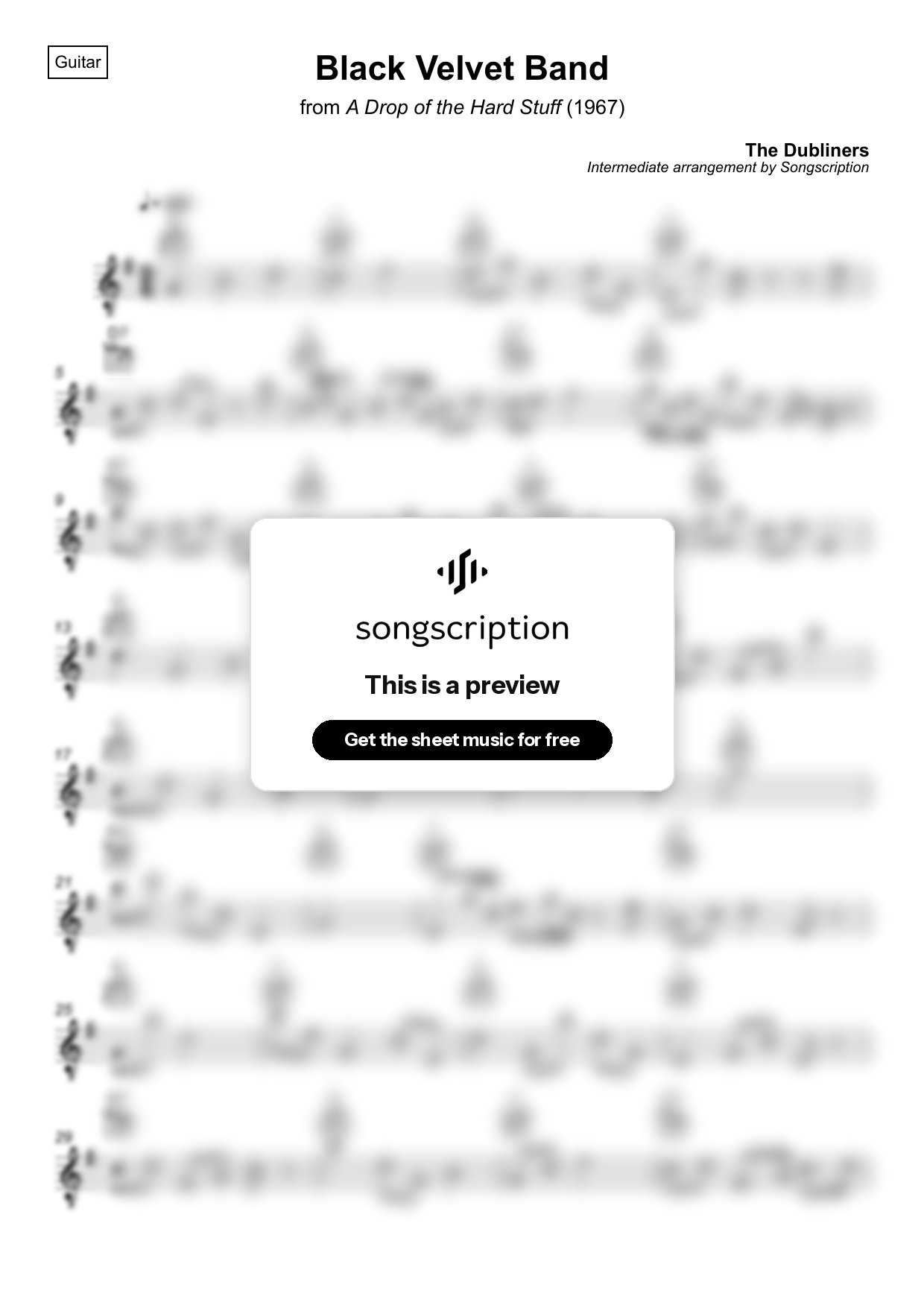 Intermediate Acoustic Guitar Sheet Music for "Black Velvet Band" by The Dubliners