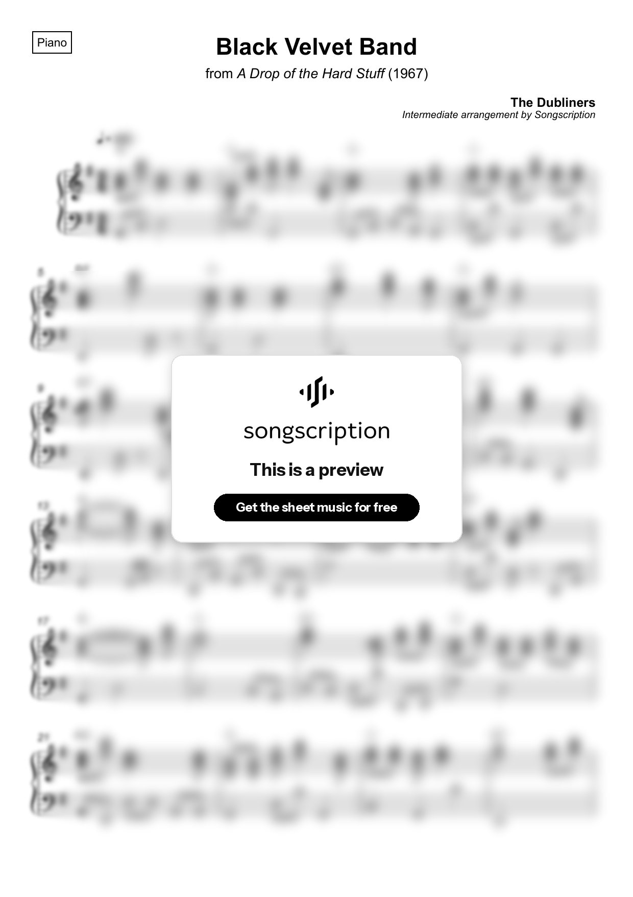 Intermediate Piano Sheet Music for "Black Velvet Band" by The Dubliners