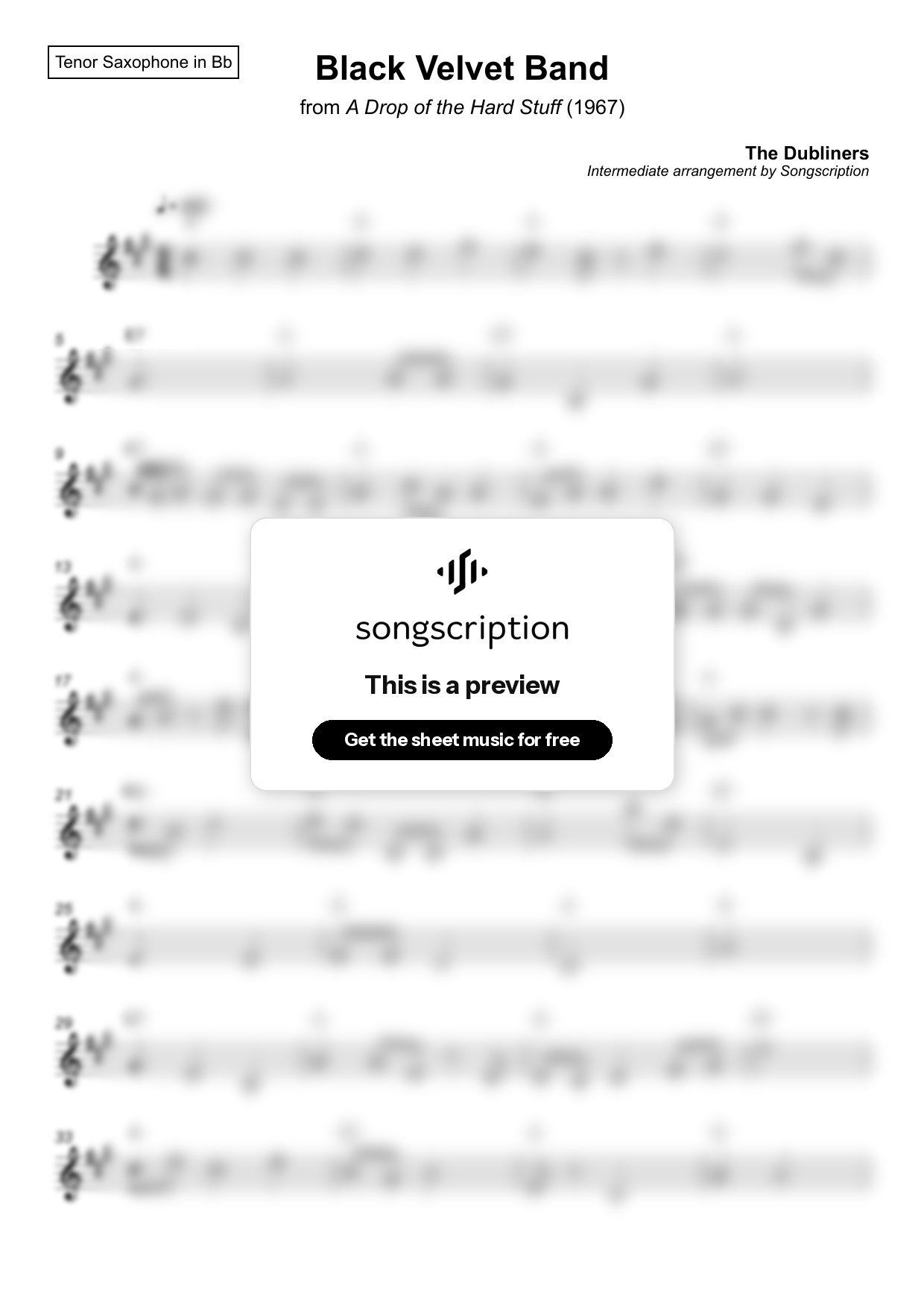 Intermediate Tenor Sax Sheet Music for "Black Velvet Band" by The Dubliners