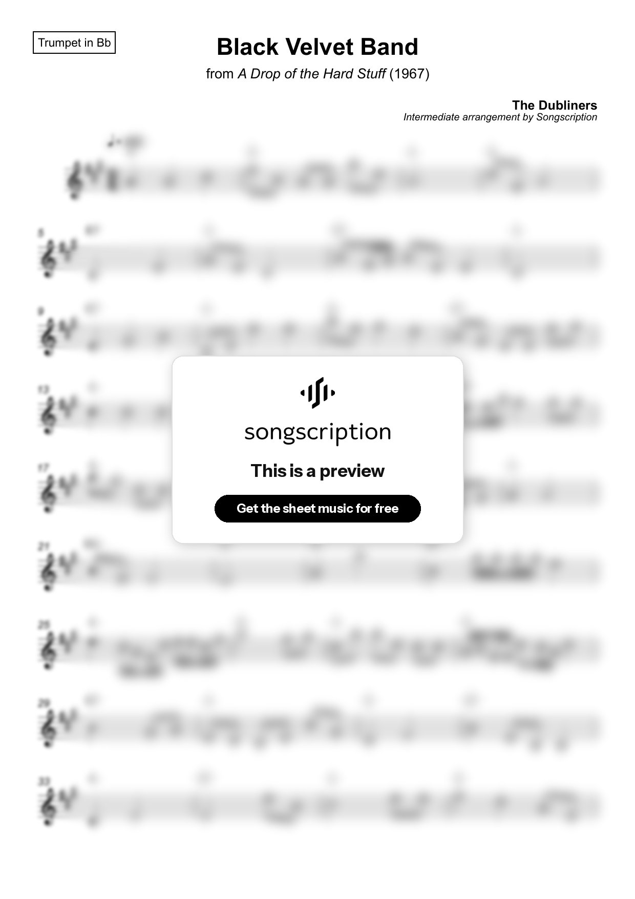 Intermediate Trumpet Sheet Music for "Black Velvet Band" by The Dubliners