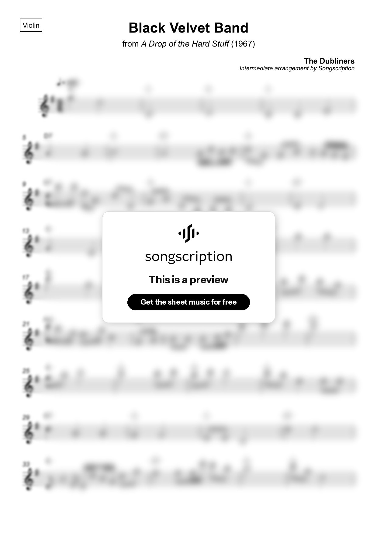 Intermediate Violin Sheet Music for "Black Velvet Band" by The Dubliners
