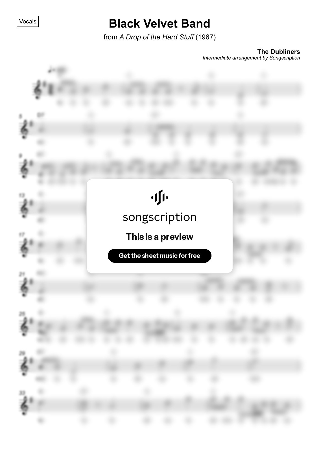 Intermediate Vocals Sheet Music for "Black Velvet Band" by The Dubliners