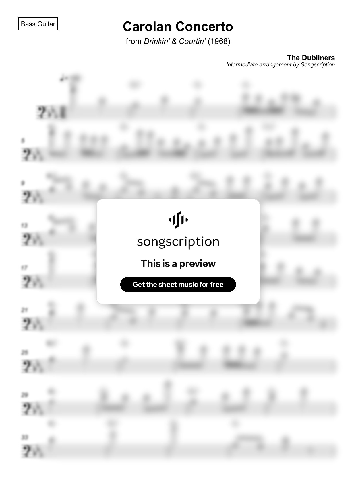 Intermediate Bass Guitar Sheet Music for "Carolan Concerto" by The Dubliners