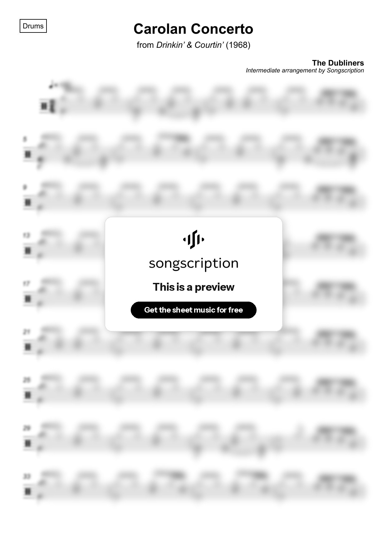 Intermediate Drums Sheet Music for "Carolan Concerto" by The Dubliners