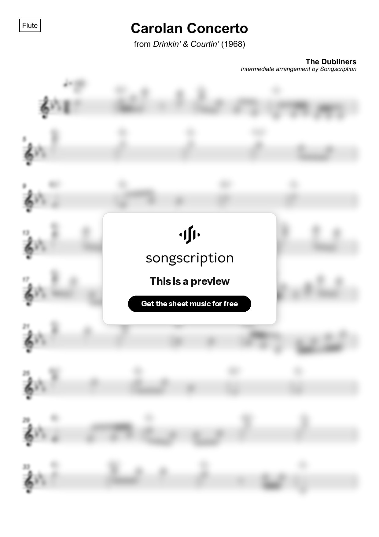 Intermediate Flute Sheet Music for "Carolan Concerto" by The Dubliners