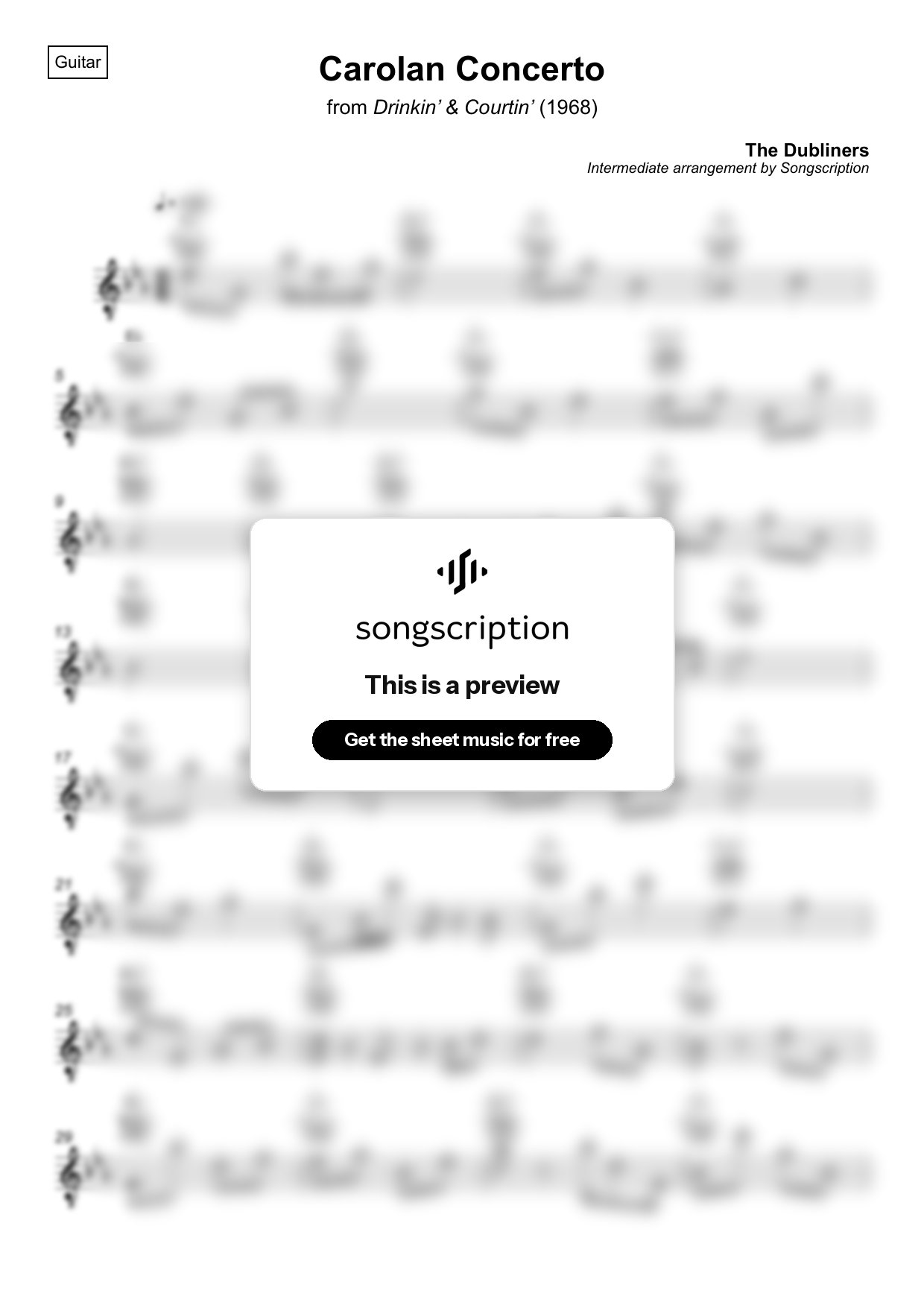 Intermediate Acoustic Guitar Sheet Music for "Carolan Concerto" by The Dubliners