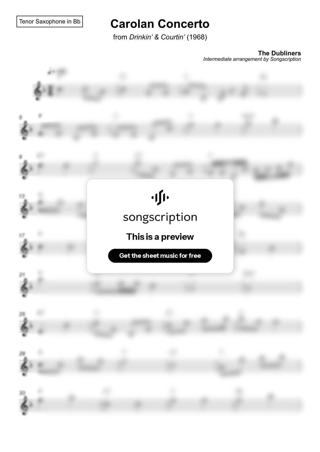 Intermediate Tenor Sax Sheet Music for "Carolan Concerto" by The Dubliners