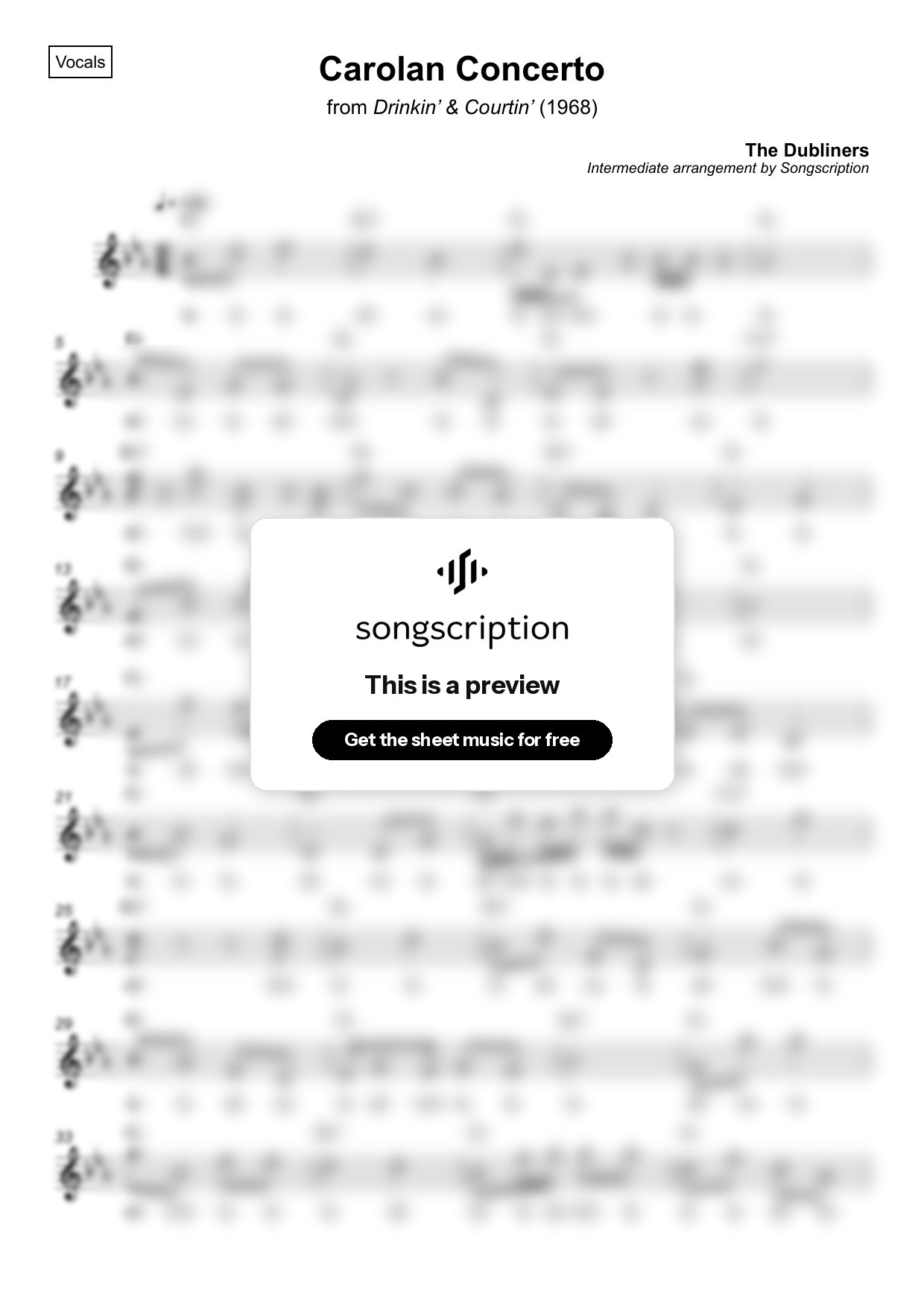 Intermediate Vocals Sheet Music for "Carolan Concerto" by The Dubliners