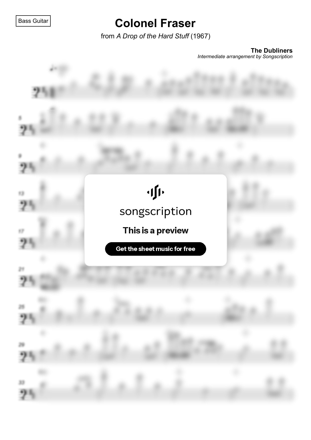 Intermediate Bass Guitar Sheet Music for "Colonel Fraser" by The Dubliners