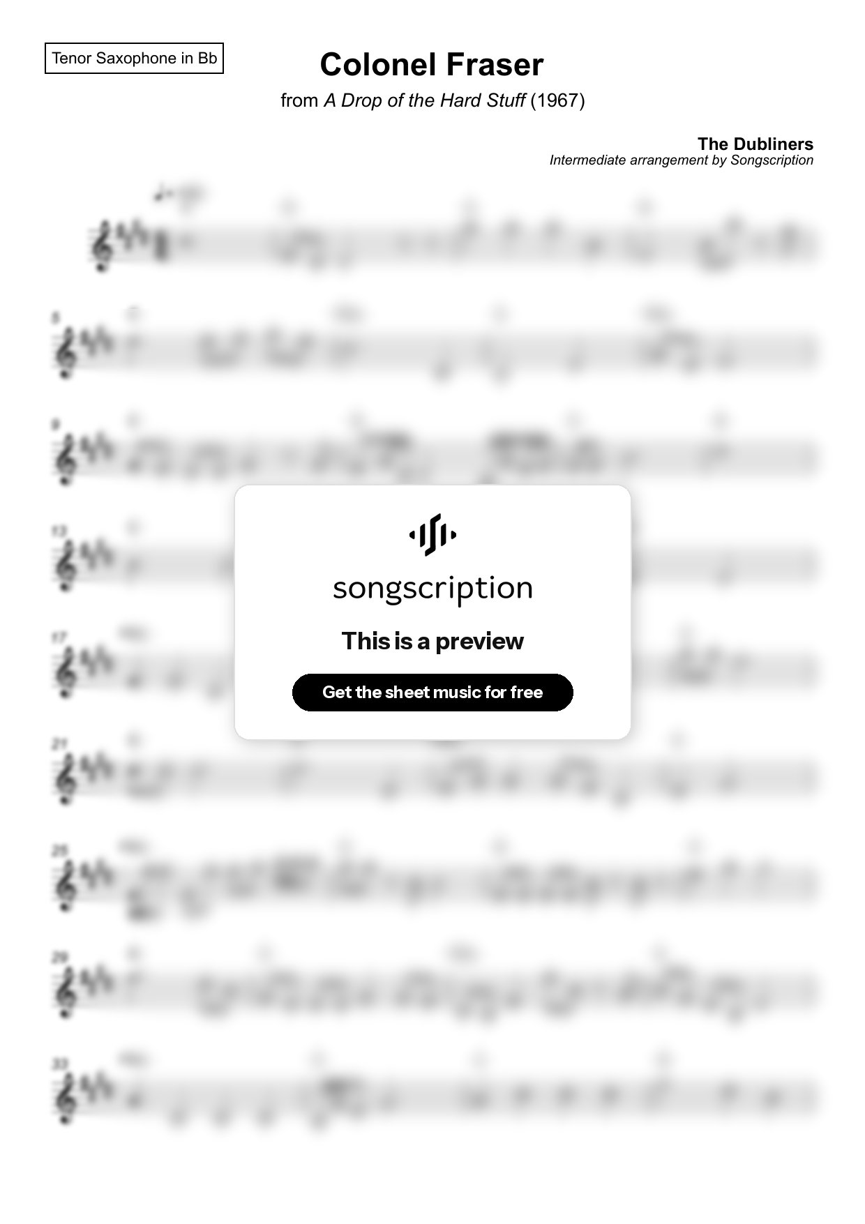 Intermediate Tenor Sax Sheet Music for "Colonel Fraser" by The Dubliners
