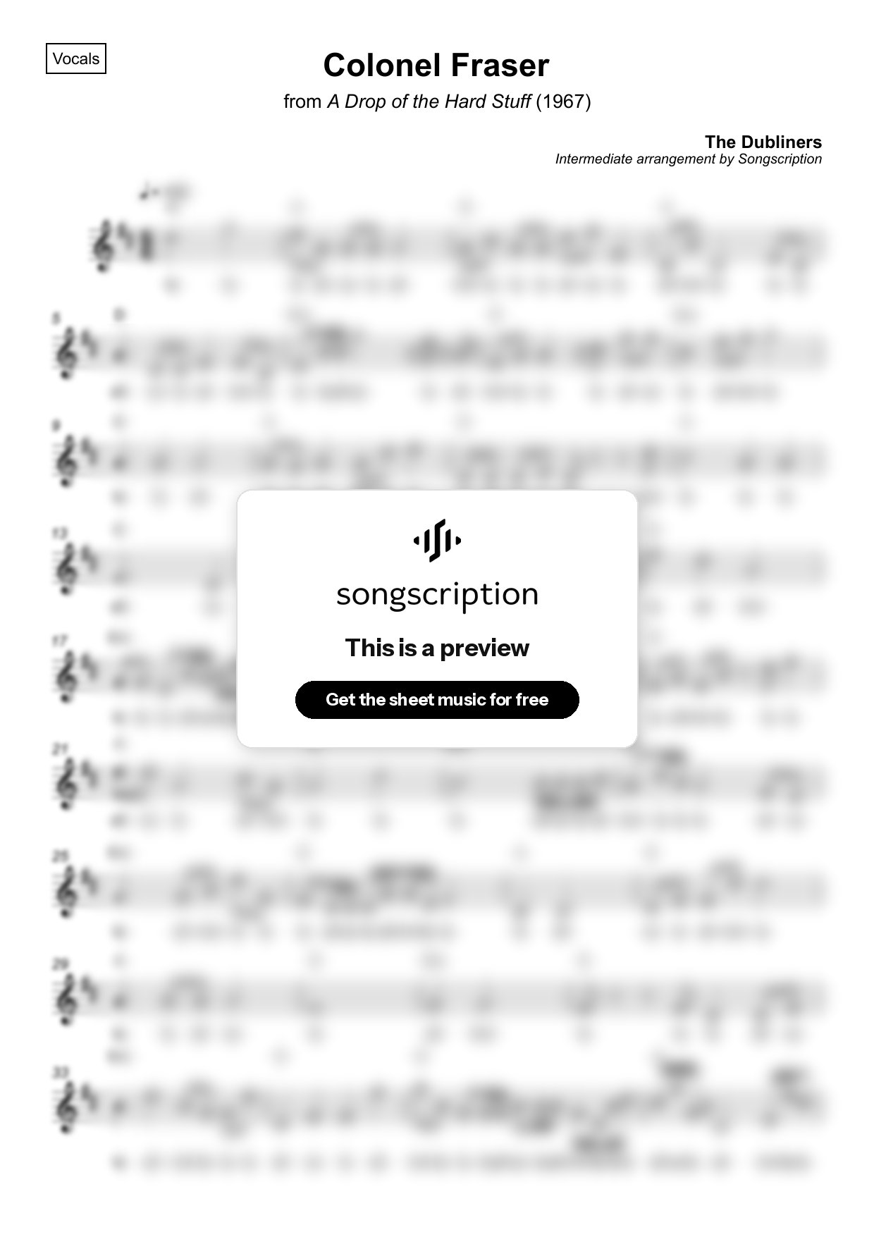 Intermediate Vocals Sheet Music for "Colonel Fraser" by The Dubliners