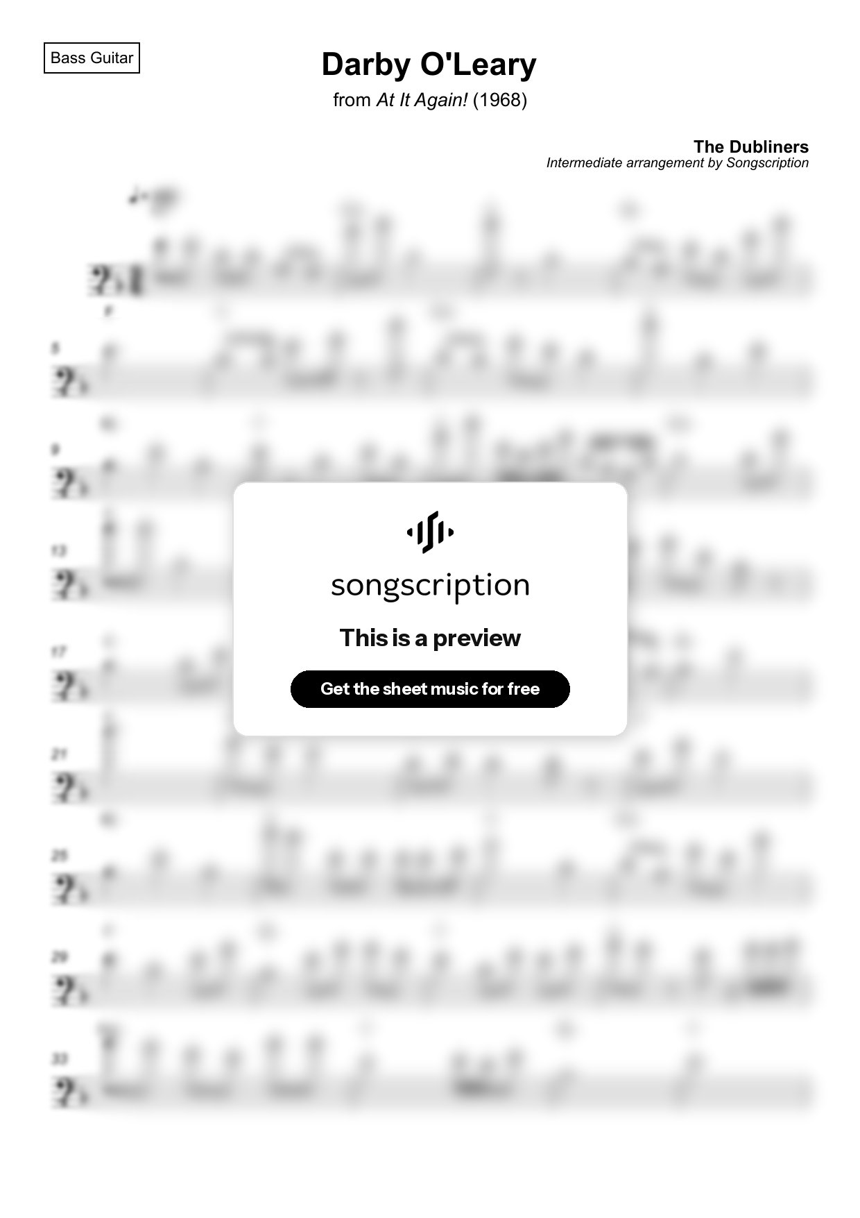 Intermediate Bass Guitar Sheet Music for "Darby O'Leary" by The Dubliners