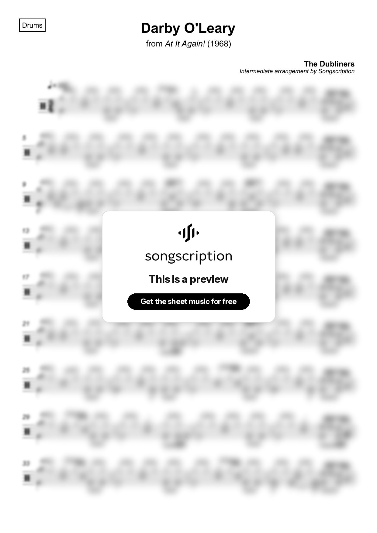 Intermediate Drums Sheet Music for "Darby O'Leary" by The Dubliners