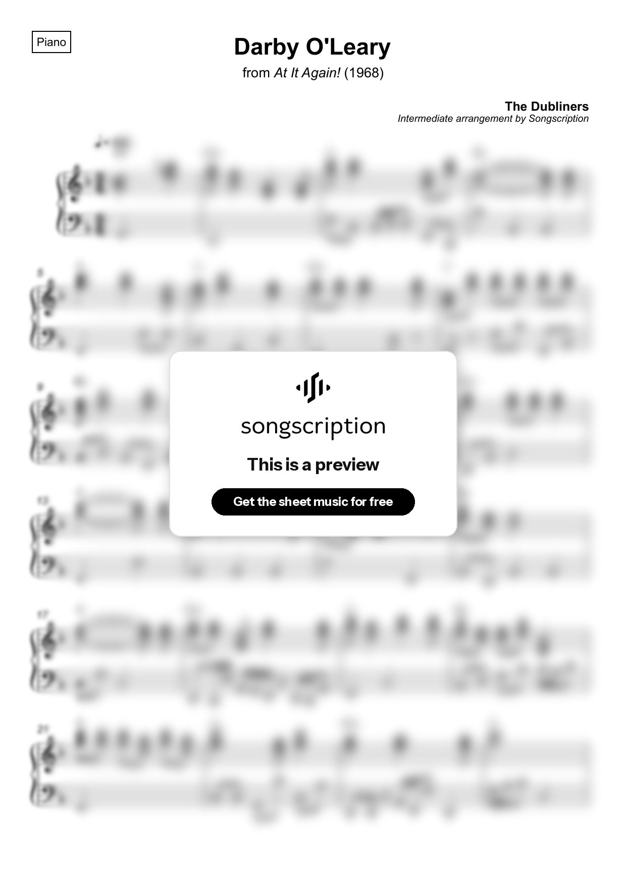 Intermediate Piano Sheet Music for "Darby O'Leary" by The Dubliners