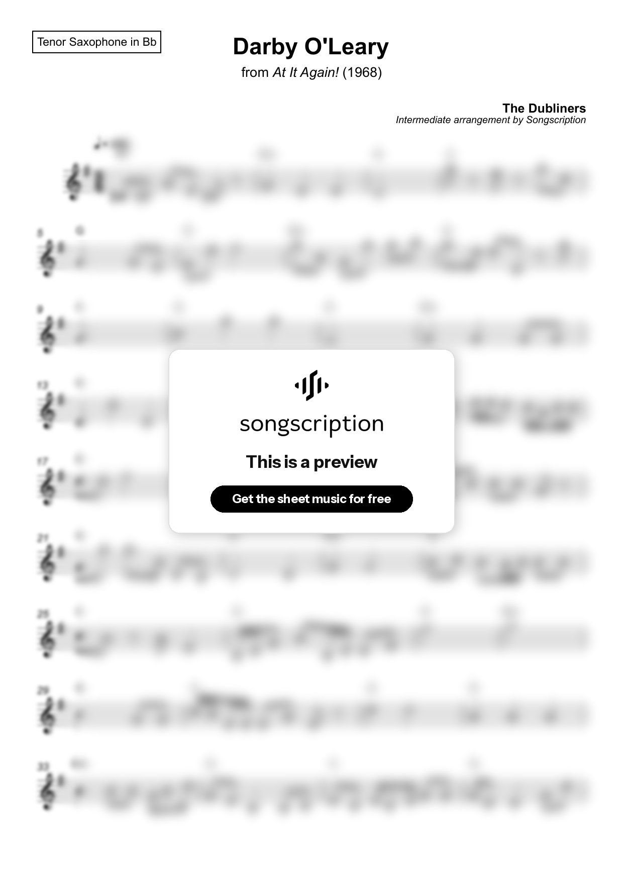 Intermediate Tenor Sax Sheet Music for "Darby O'Leary" by The Dubliners