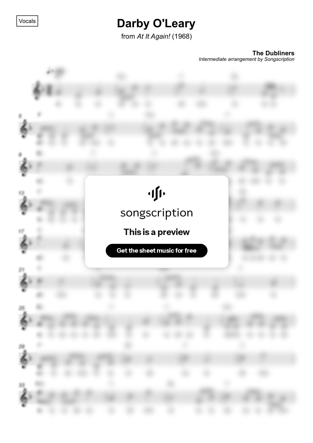 Intermediate Vocals Sheet Music for "Darby O'Leary" by The Dubliners