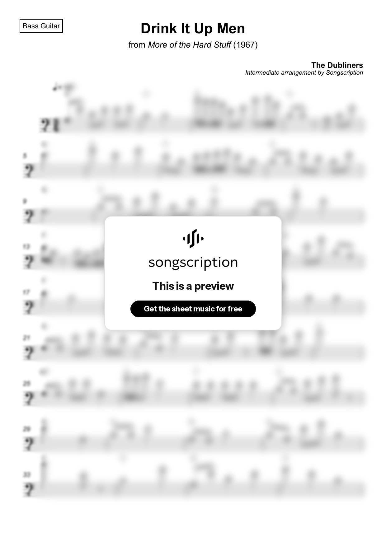 Intermediate Bass Guitar Sheet Music for "Drink It Up Men" by The Dubliners